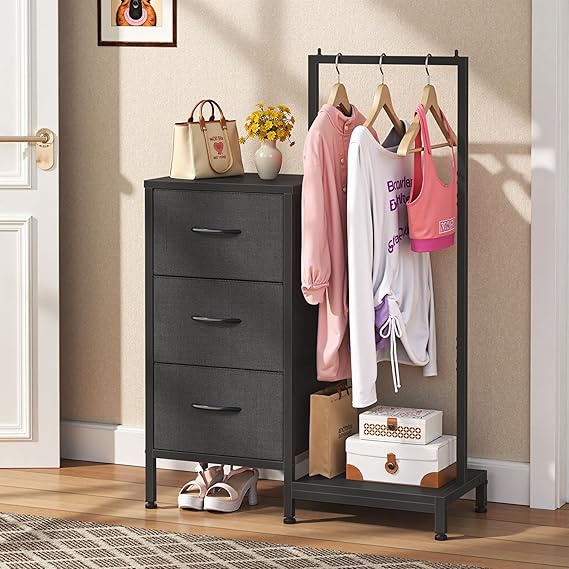 Bedroom with Hanging Rack, 3 Drawers Dresser for Bedroom - White