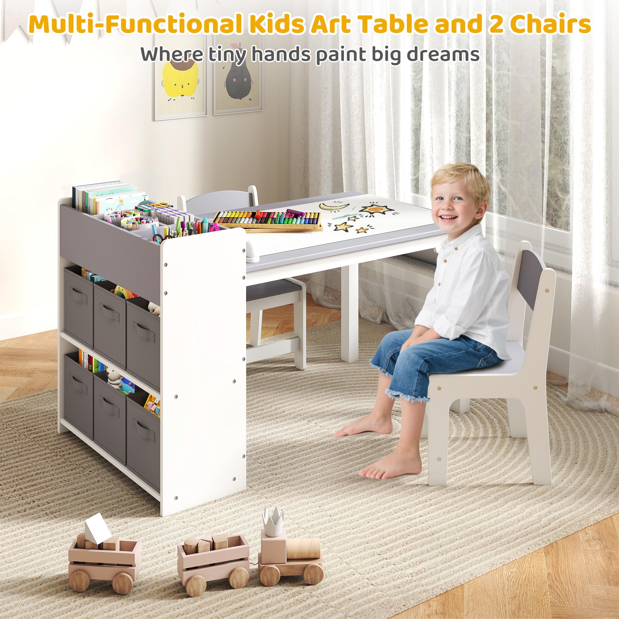 Kids Art Table and Chairs Set with Storage and Paper Roll
