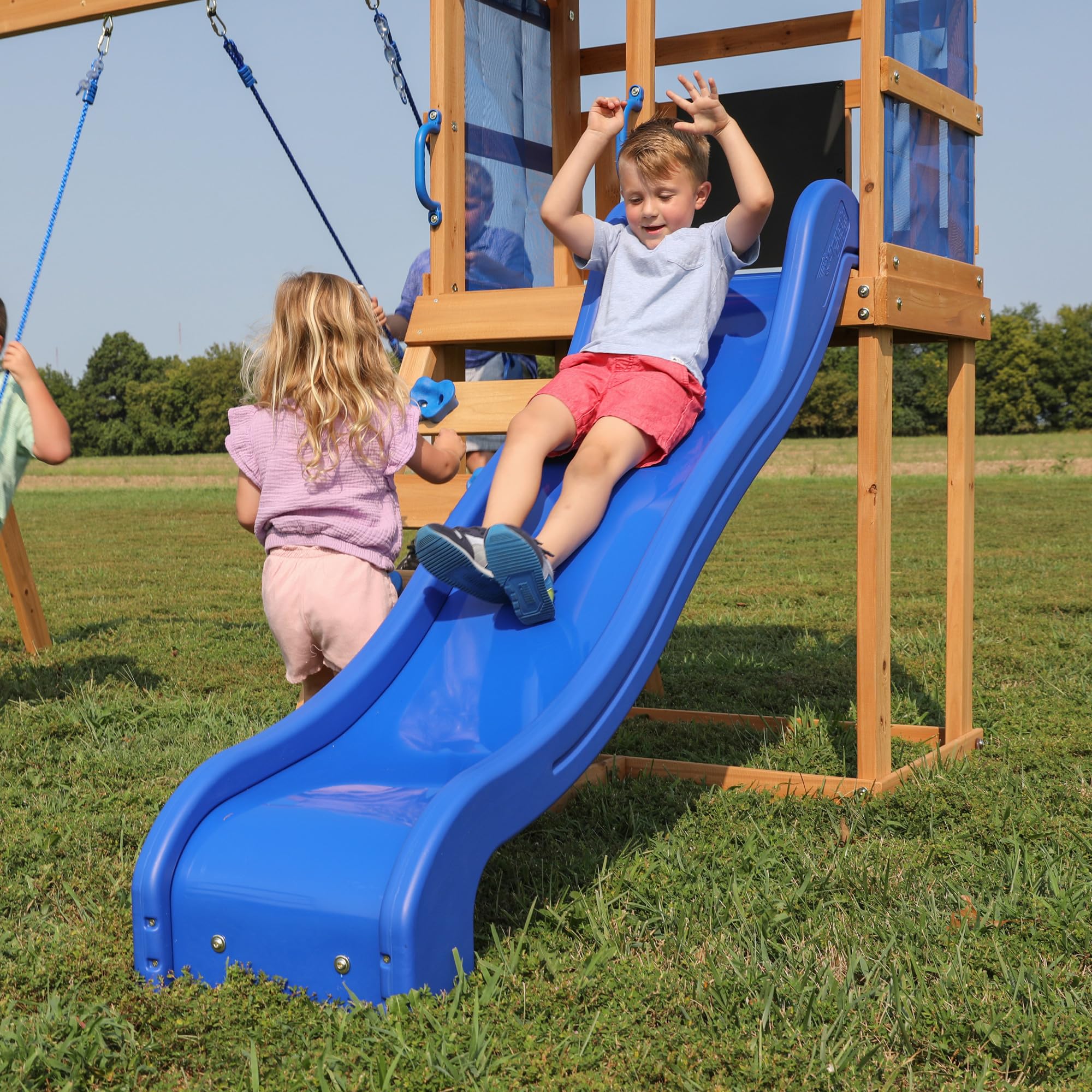 Cedar Wood Swing Set with Wave Slide and Play Deck for Kids