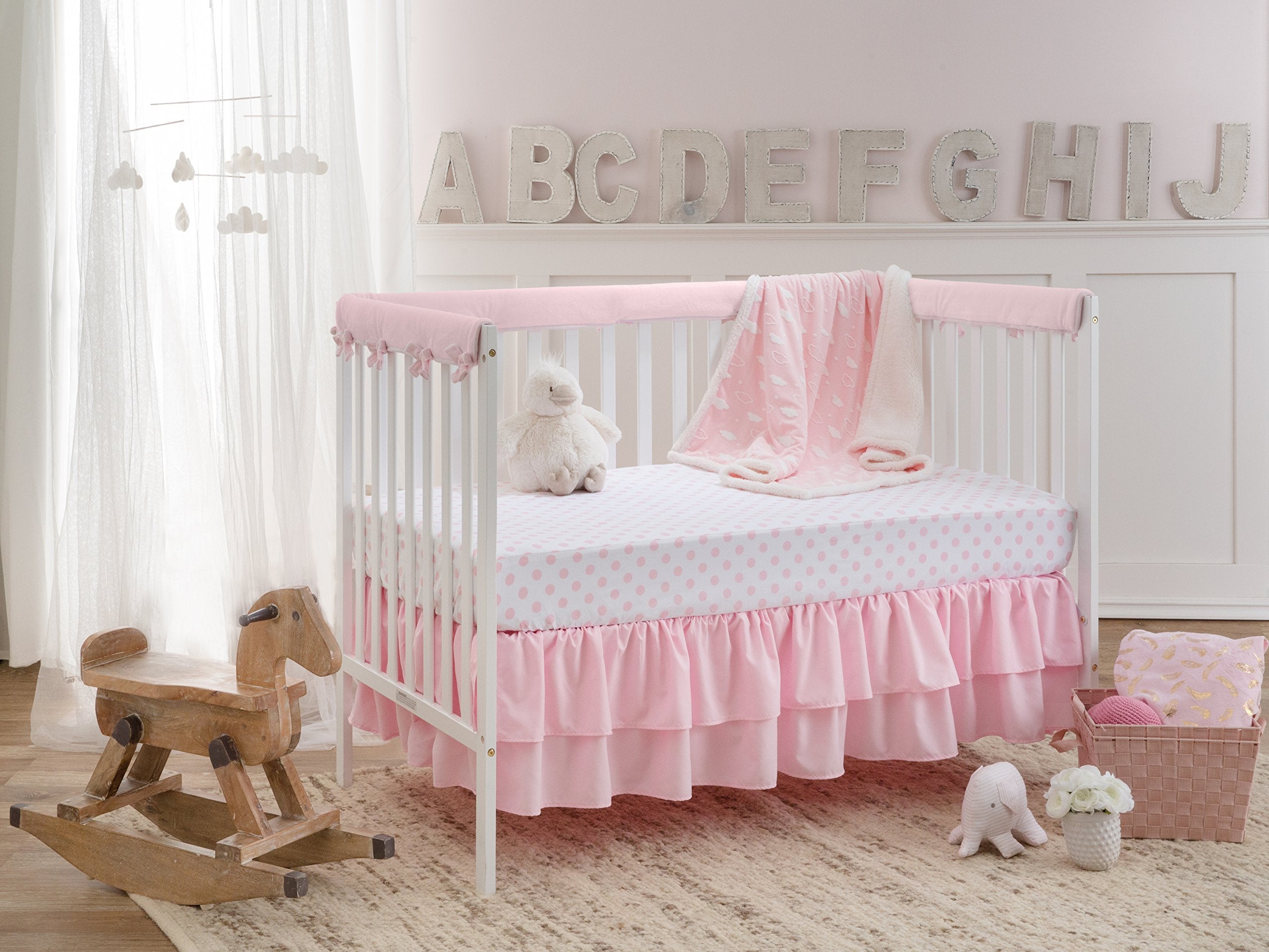 3 Pieces Tufted Stripes Crib Bedding Set with Ruffle Fringe, Pink Ruffled Comforter with Fitted Sheet and Bed Skirt, Soft and Embroidery Shabby Chic Boho Bohemian Jacquard Design for Baby Girls Boys