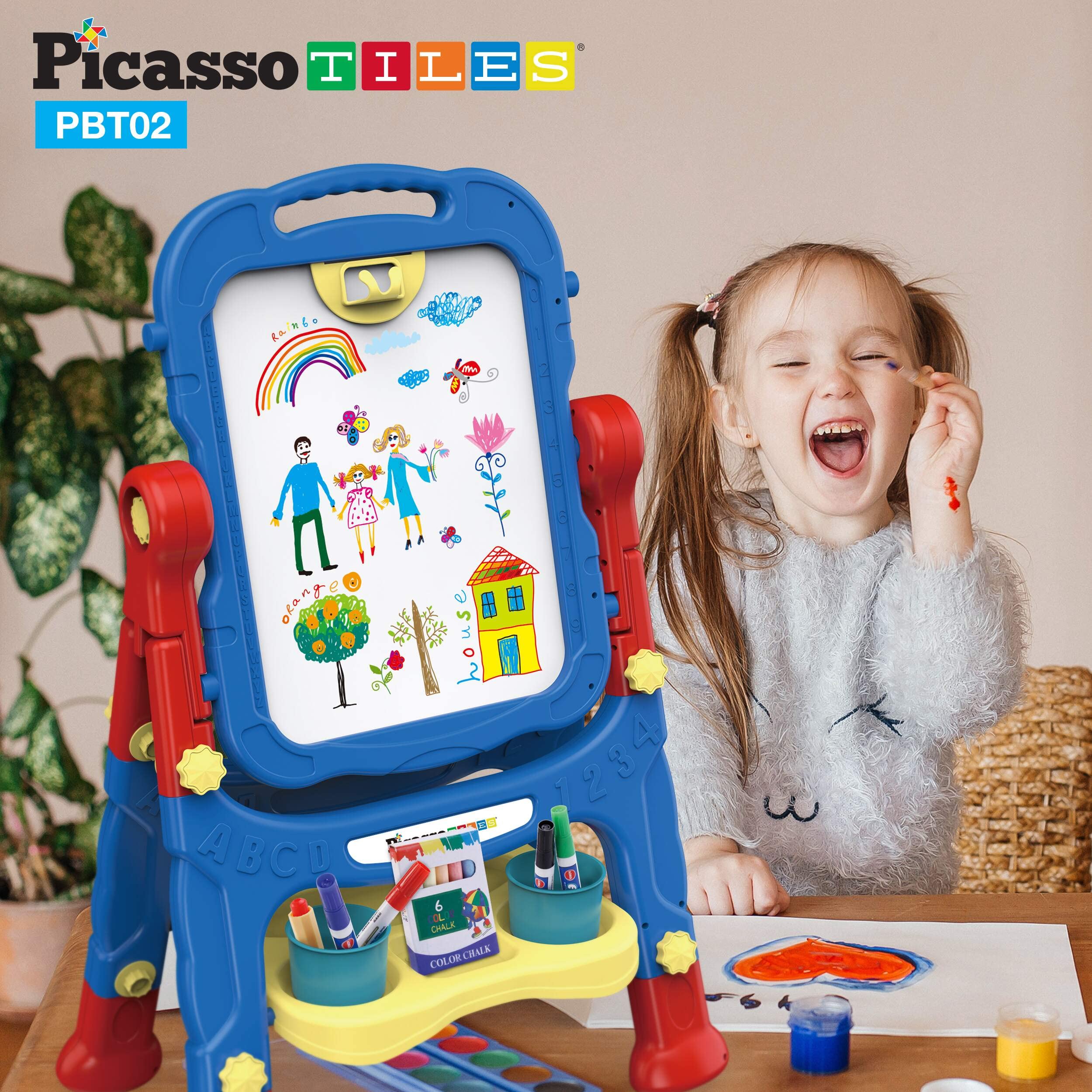 PicassoTiles Kids Art Easel AllinOne Drawing Board Chalkboard Whiteboard with Art Supplies STEM Educational Gift for Toddlers Boys Girls Age 3 to 8 Years Old Creative Learning Tool for Kids PBT02