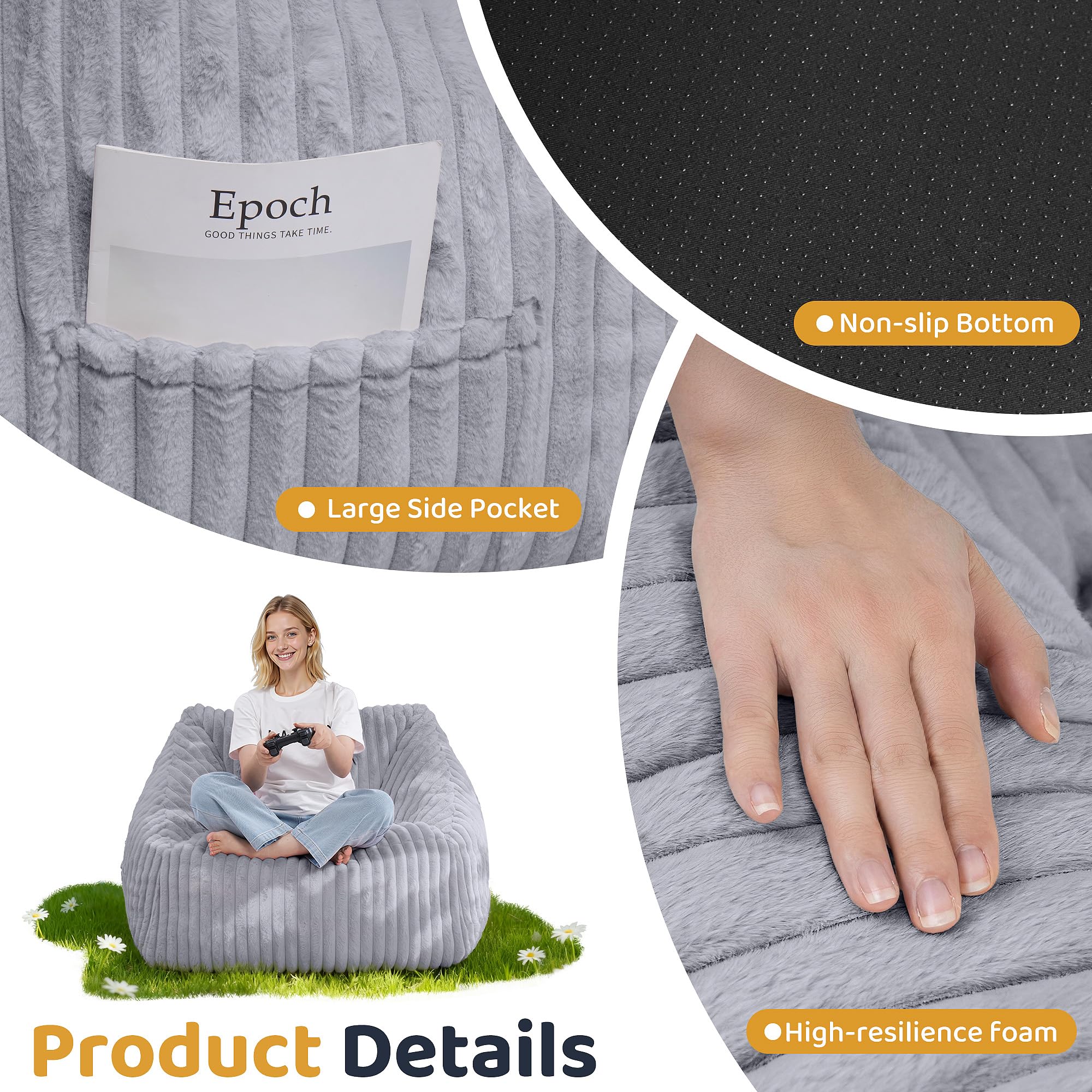 Giant Bean Bag Chair with Armrests - Faux Fur Floor Sofa for Adults and Kids