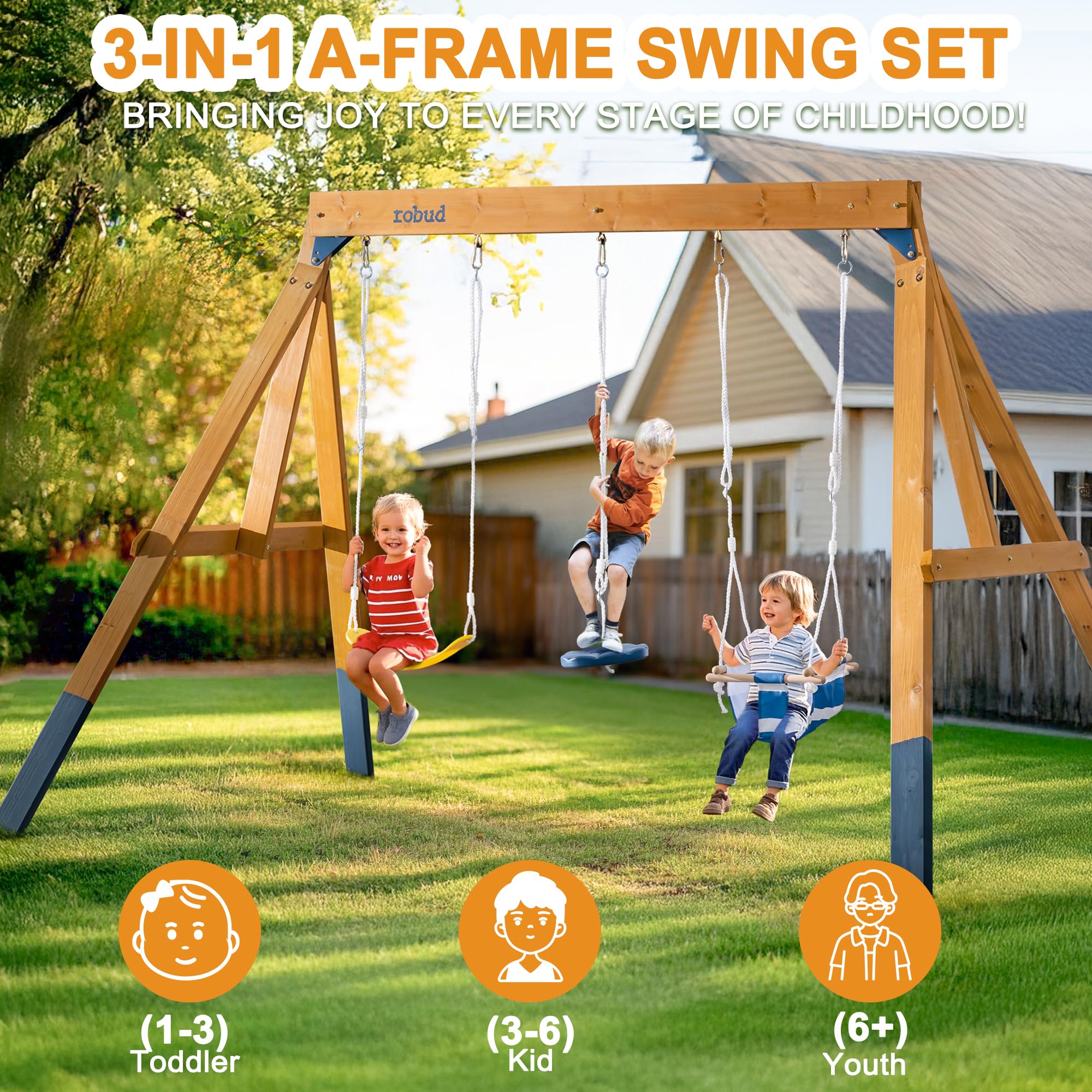 3-in-1 Wooden Swing Set for Backyard