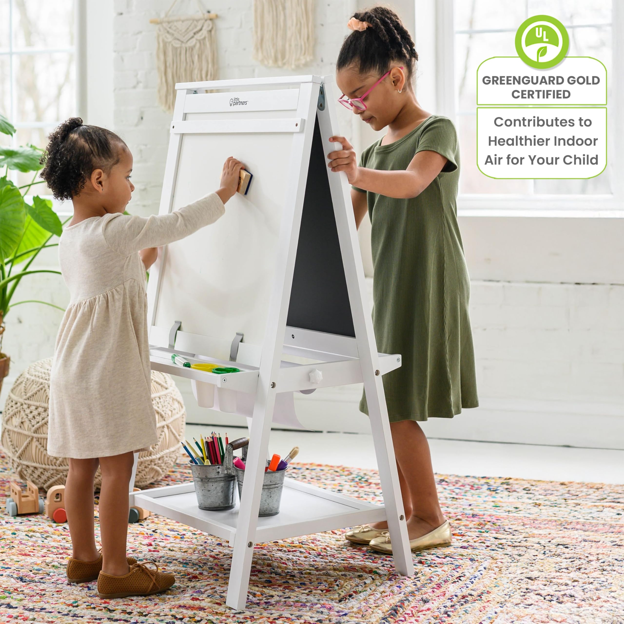 Little Partners Folding EZ Painting Easel for Kids, Dual-Sided Art Easel for Kids Art Station, Folds Flat with Chalkboard, Dry Erase Whiteboard, Paper, Eraser, Paint Cups, Shelf (Soft White)