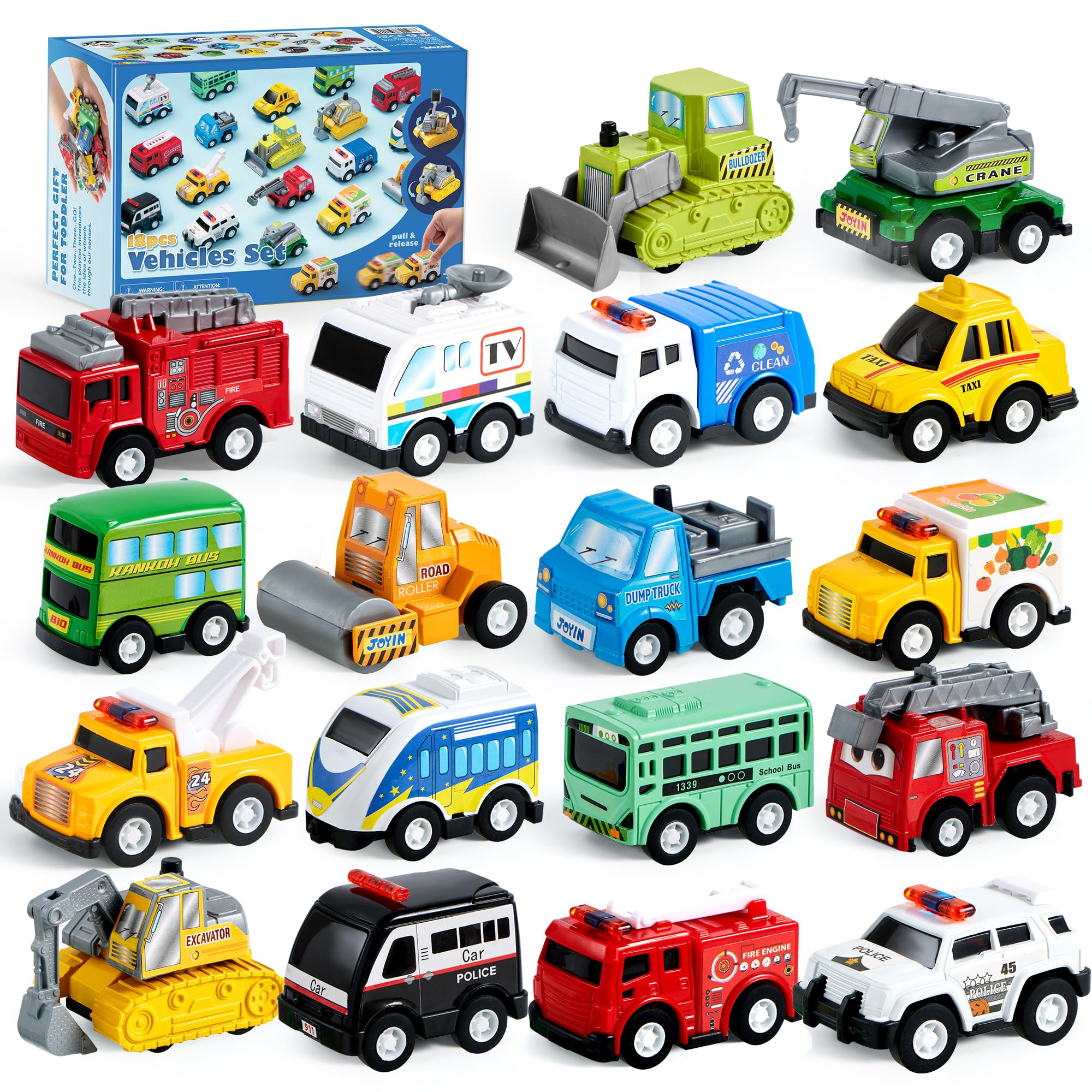 18 Pcs Pull Back City Cars and Trucks Toy Vehicles Set, Friction Powered Cars Toys