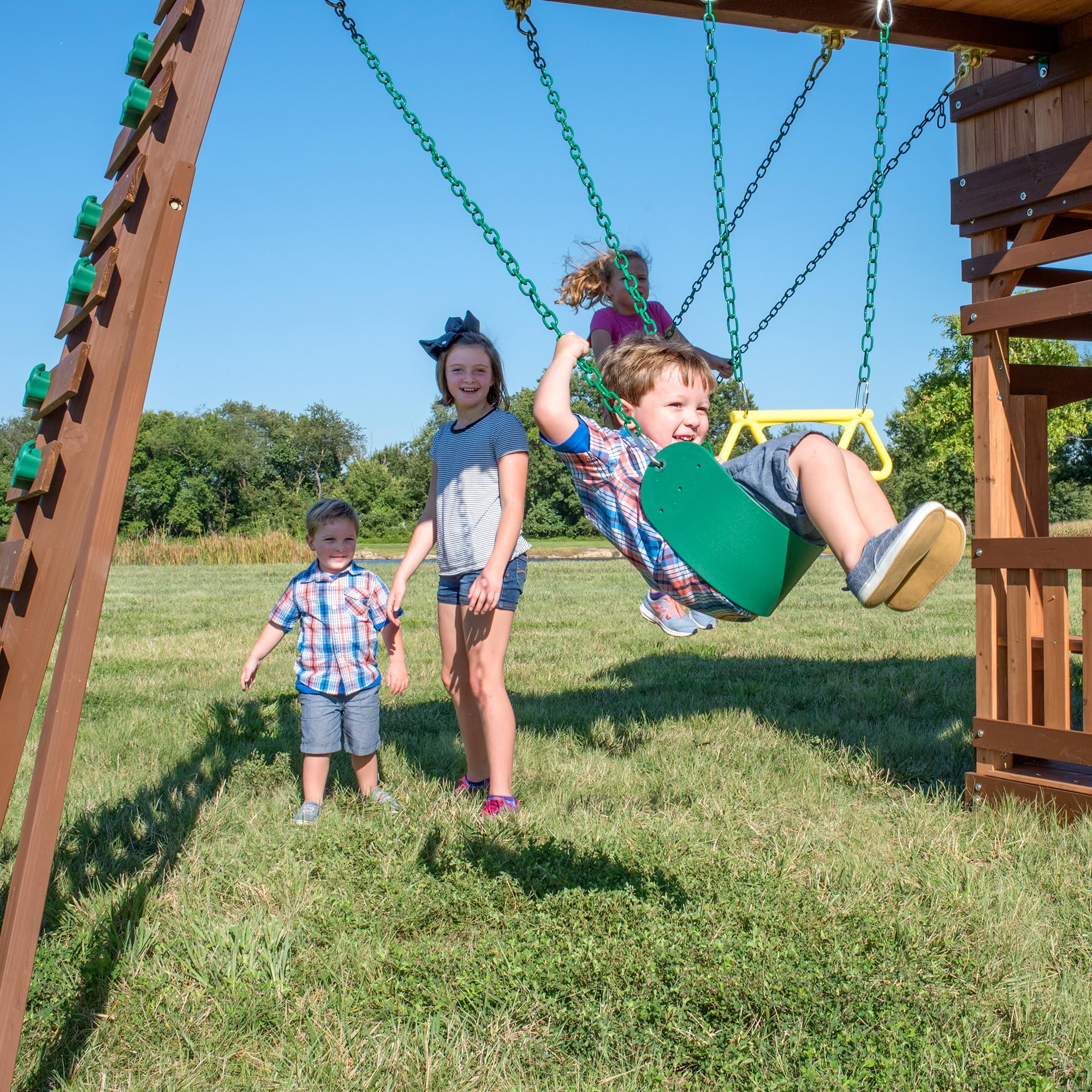 Cedar Wood Swing Set with Clubhouse, Wave Slide, and Rock Wall - Outdoor Playset