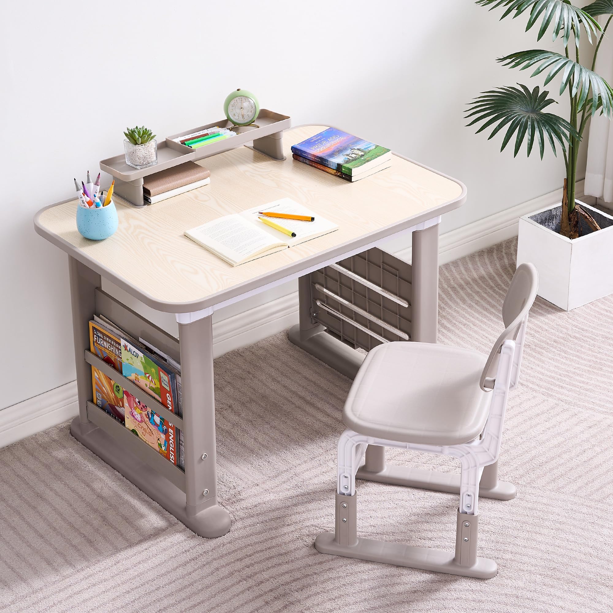 Height Adjustable Kids Desk and Chair Set with Storage