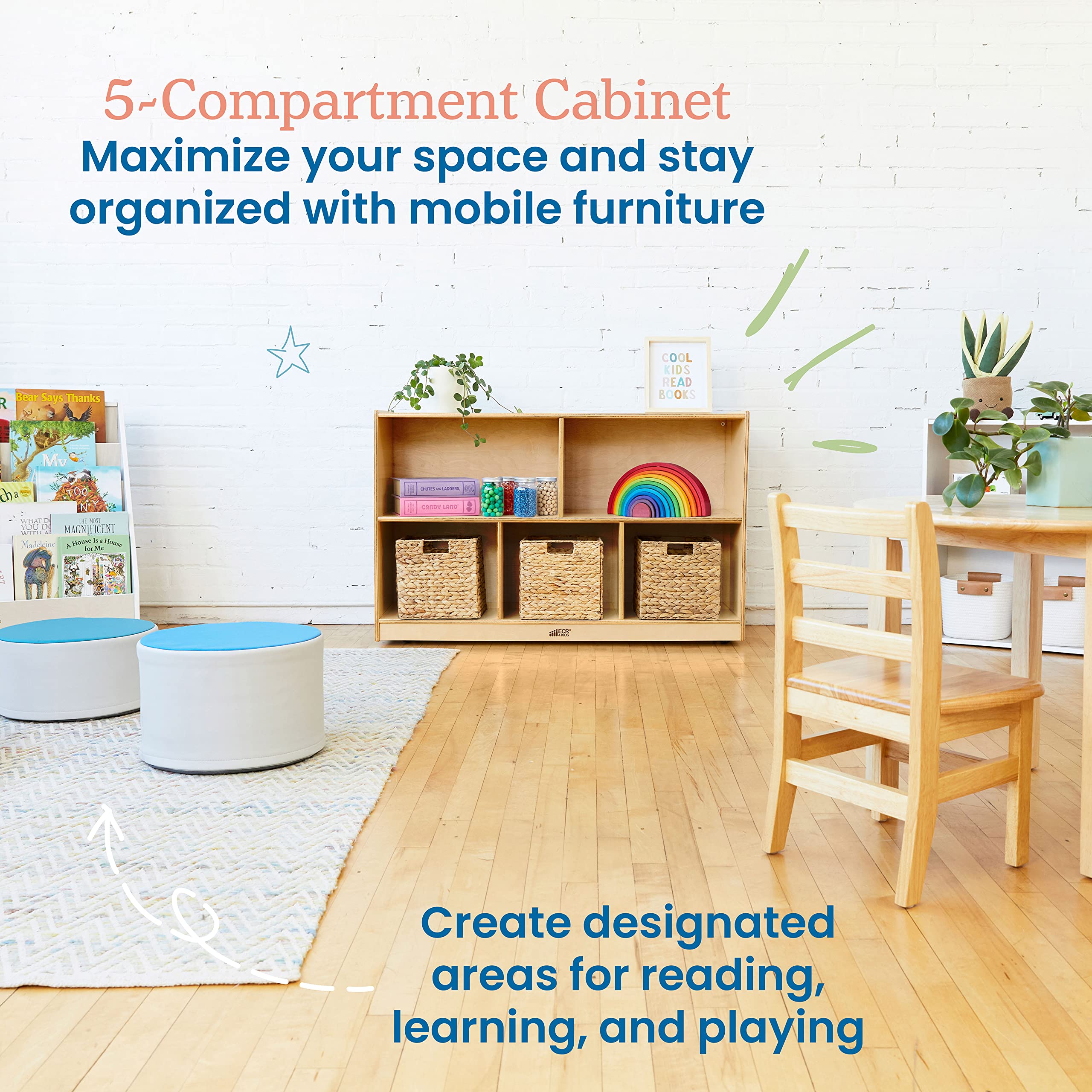 5-Compartment Mobile Storage Cabinet for Classroom