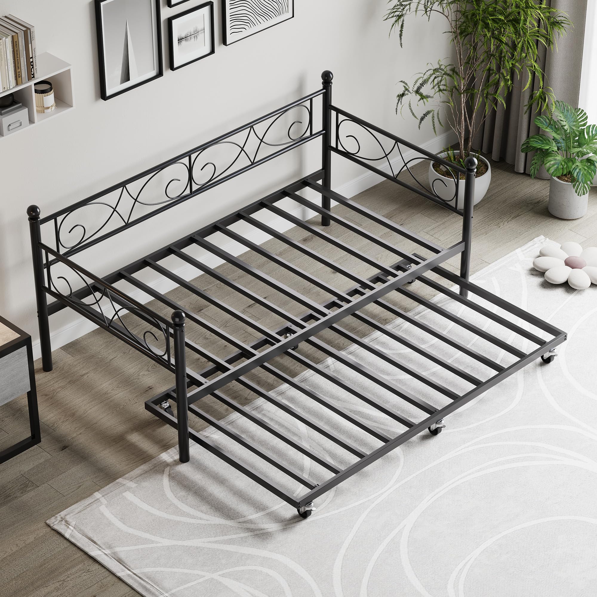Twin Daybed with Trundle and Floral Metal Headboard