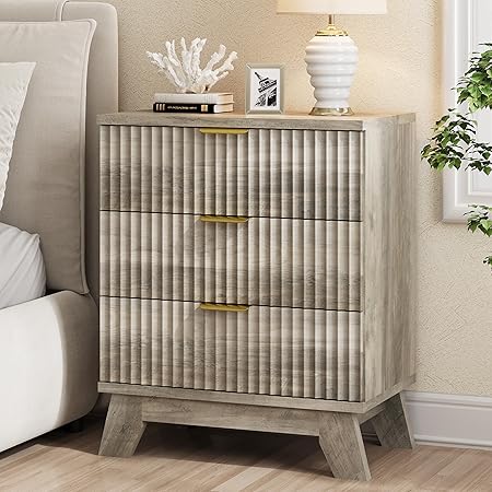Fluted Nightstand, 24" Wide Side Table with 3 Large Storage