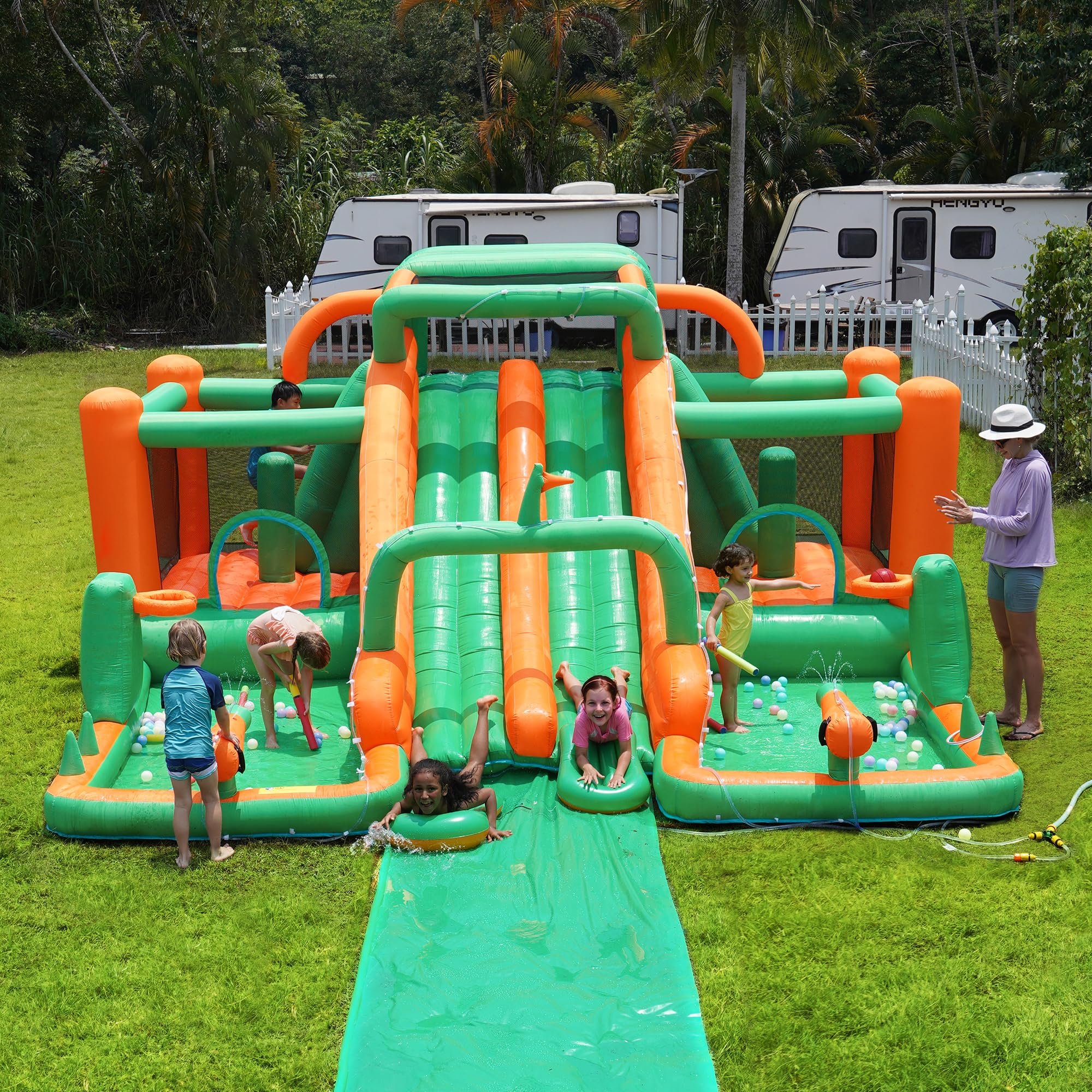 Large Inflatable Water Slide Bounce House with Dual Ball Pits and Extended Slip N Slide