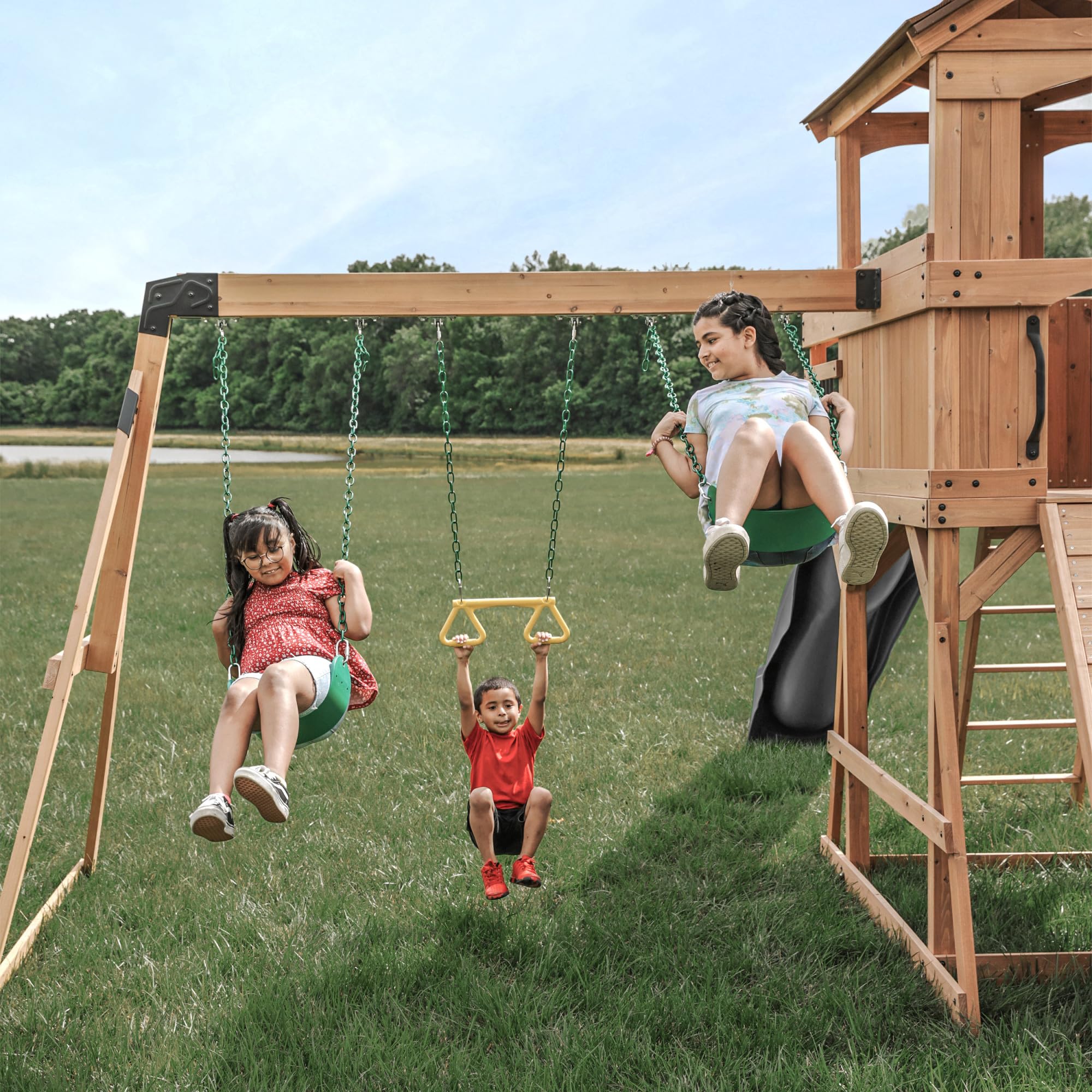 Sterling Point Cedar Wood Swing Set with Wave Slideing, Trapeze, Balcony, Climbing Wall, Ladder, Outdoor Playset