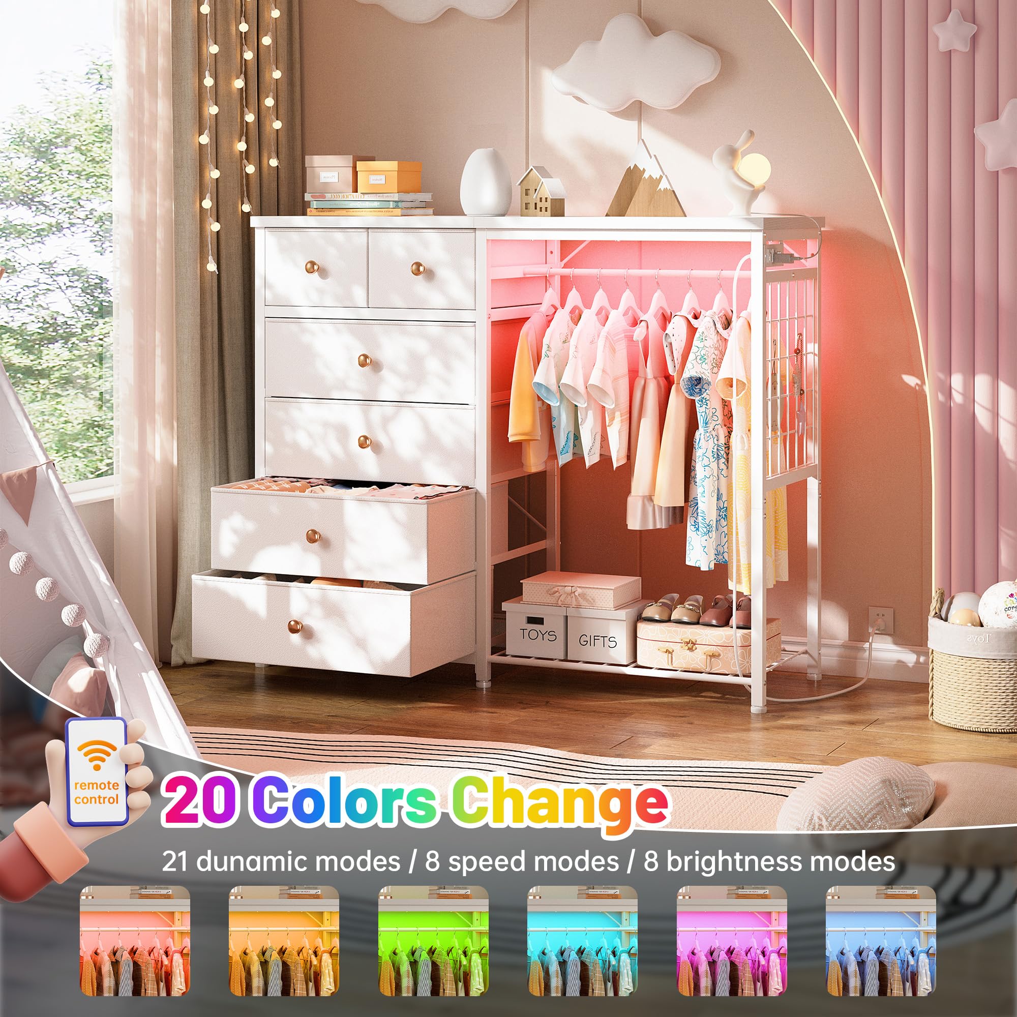 Dresser with Hanging Rack LED Lights Charging Station