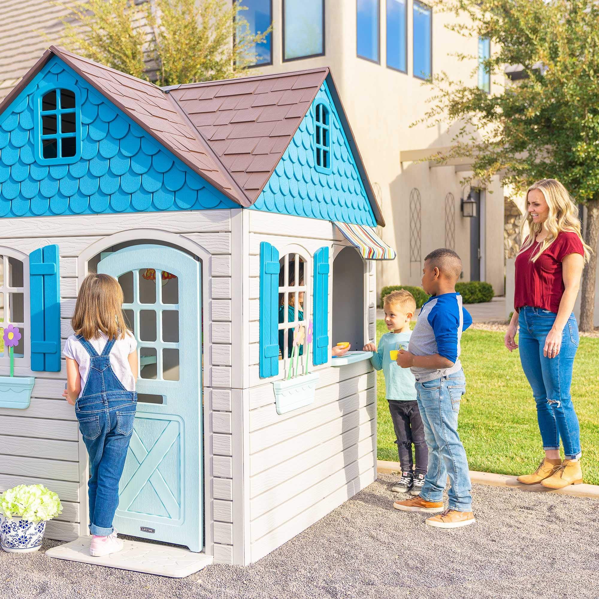 Heavy Duty Plastic Outdoor Playhouse, 6ft x 6ft x 7 ft Tall, Beige & Blue