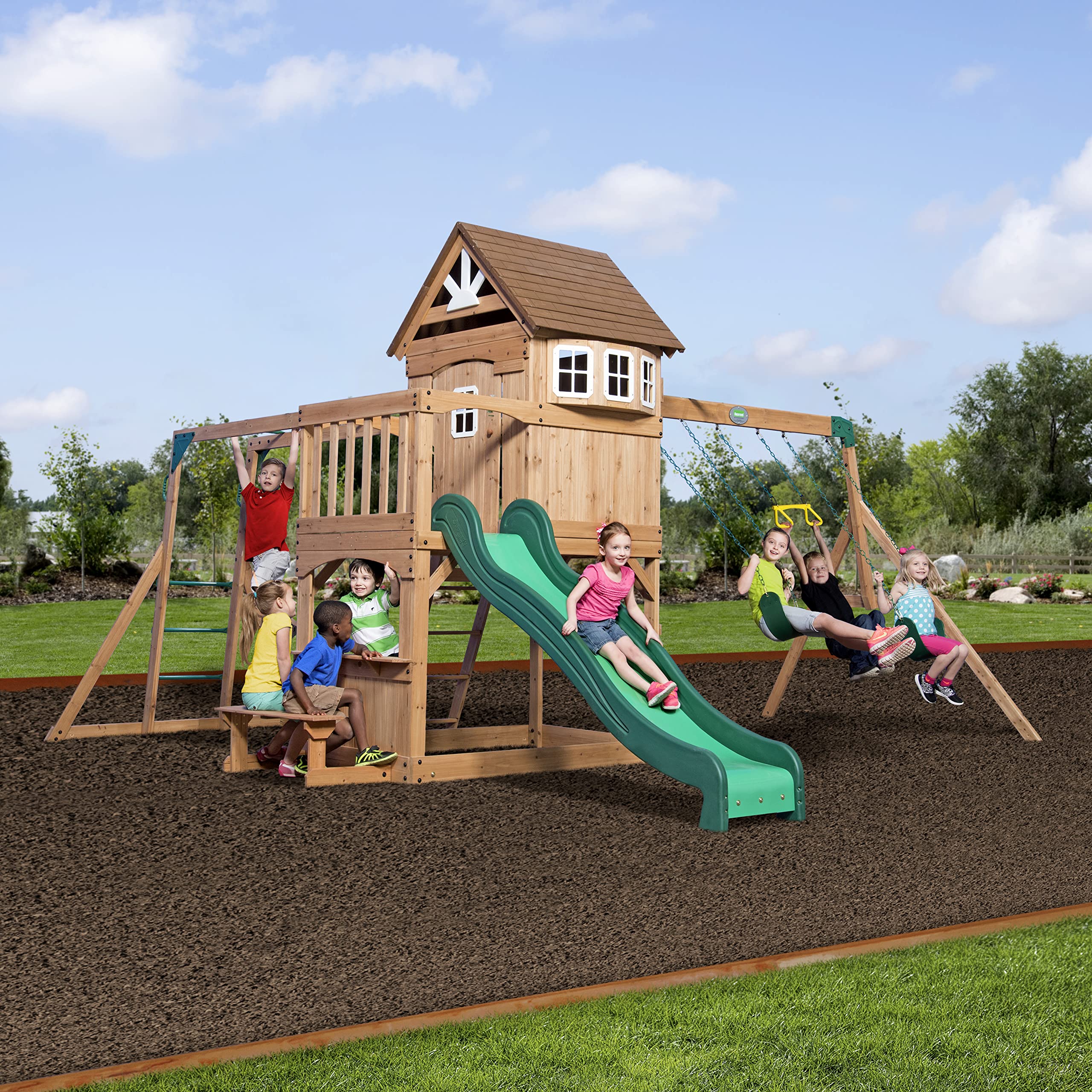 Cedar Wood Swing Set with Clubhouse and Wave Slide