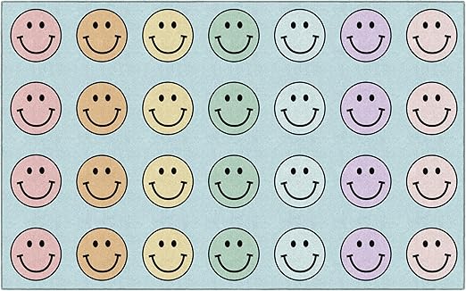 Schoolgirl Style Rainbow Smileys in Black Criss-Cross Applesauce Educational Area Rug