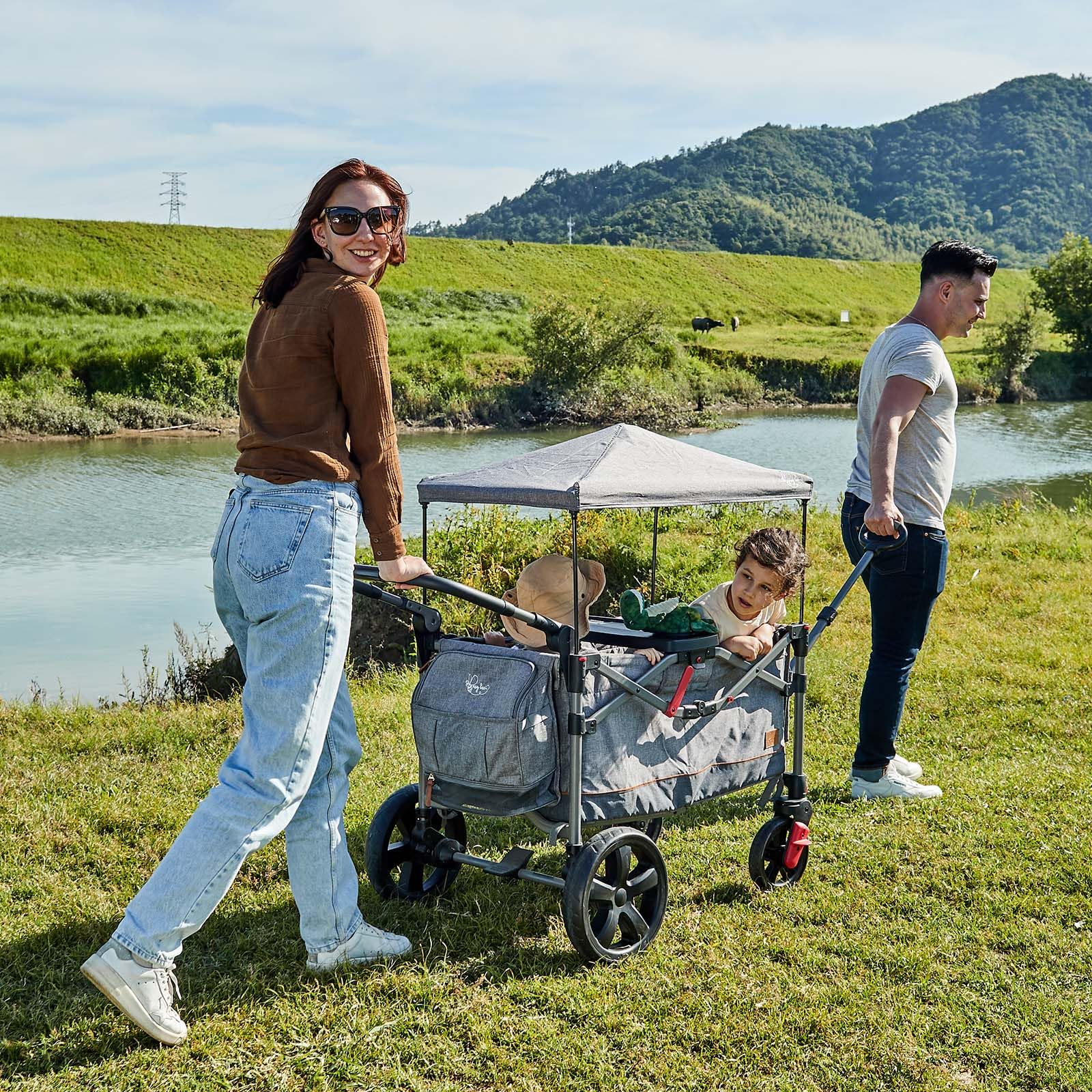 Foldable Wagon Stroller for 2 Kids, Push Pull Collapsible Kids Wagon