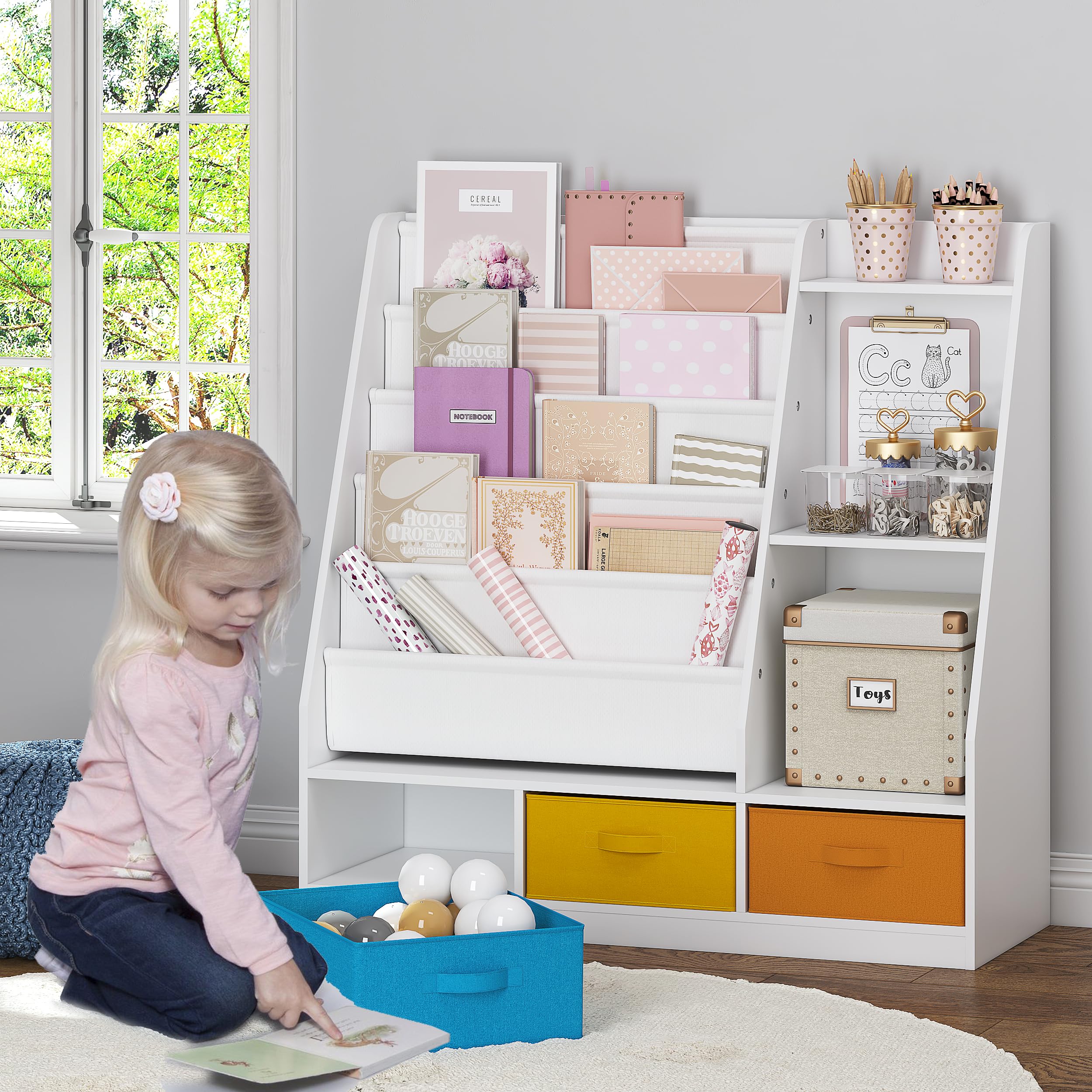 Kids Sling Bookshelf with Storage Bins, Wood Children Bookcase