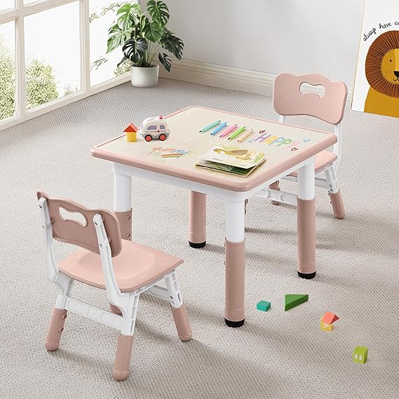 Kids Table & Chairs Set (2 Chairs) Height Adjustable for Ages 2-8 | Non-Slip Toddler