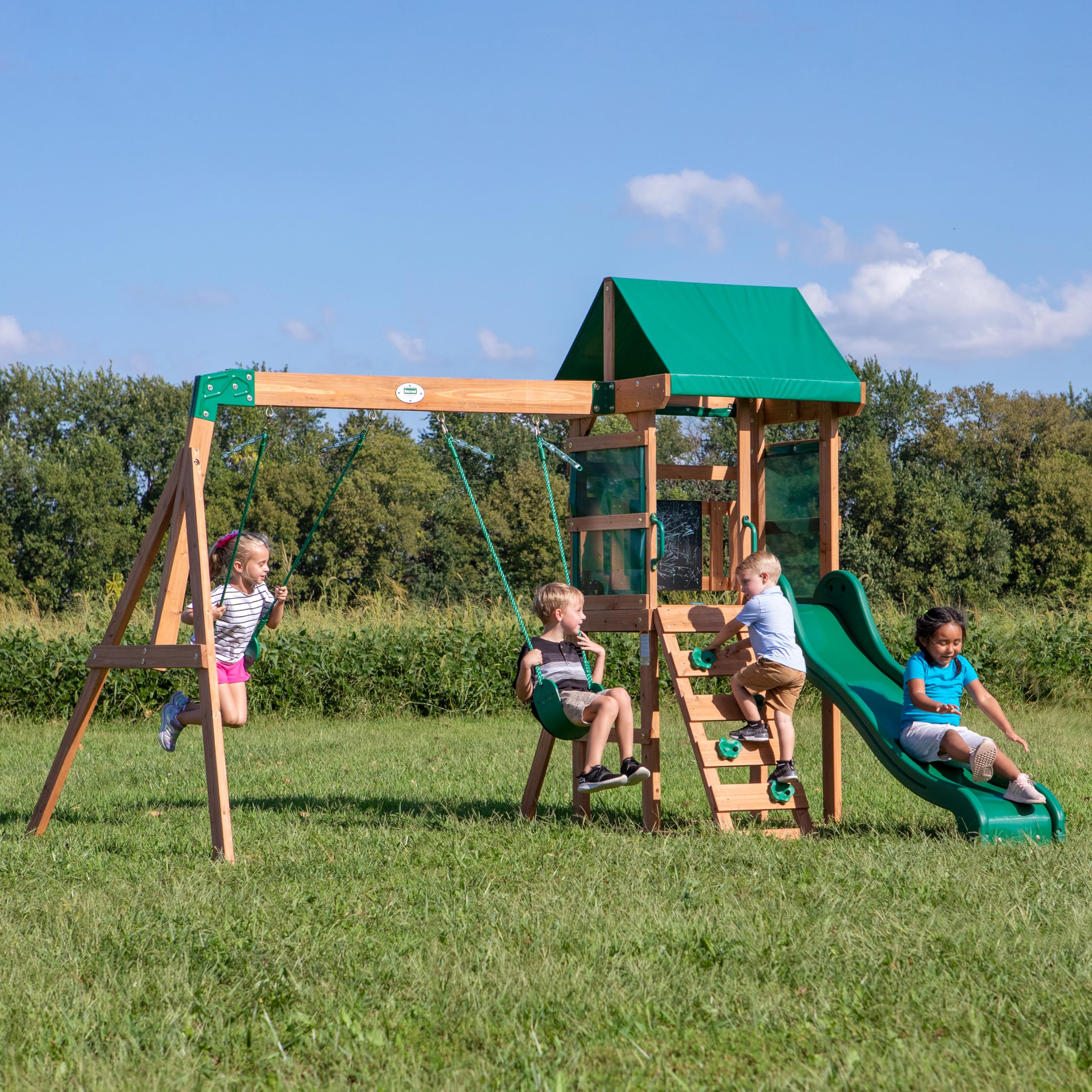Cedar Wood Swing Set with Wave Slide and Play Deck