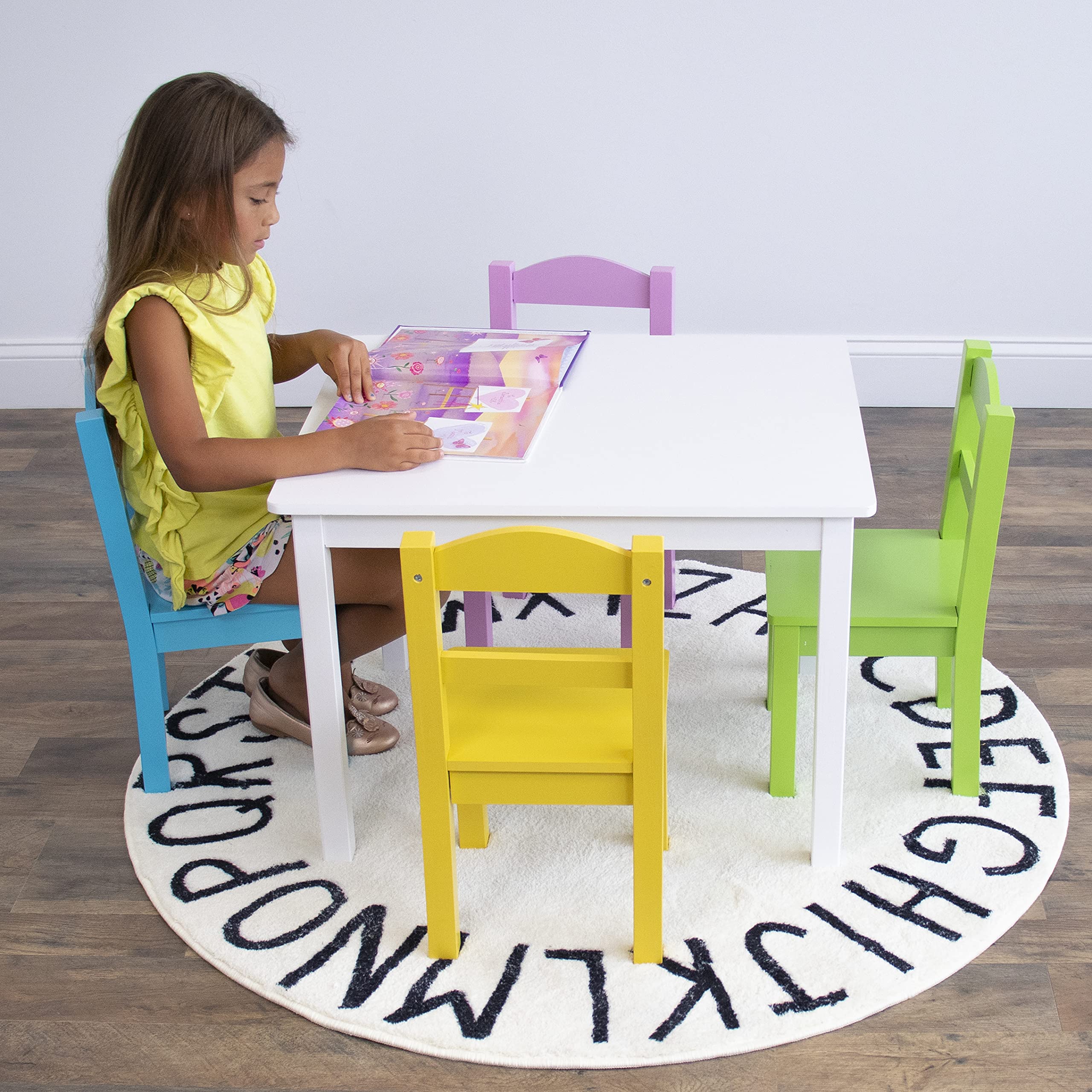 Kids Wooden Table and 4 Chairs Set - White Pastel Colors