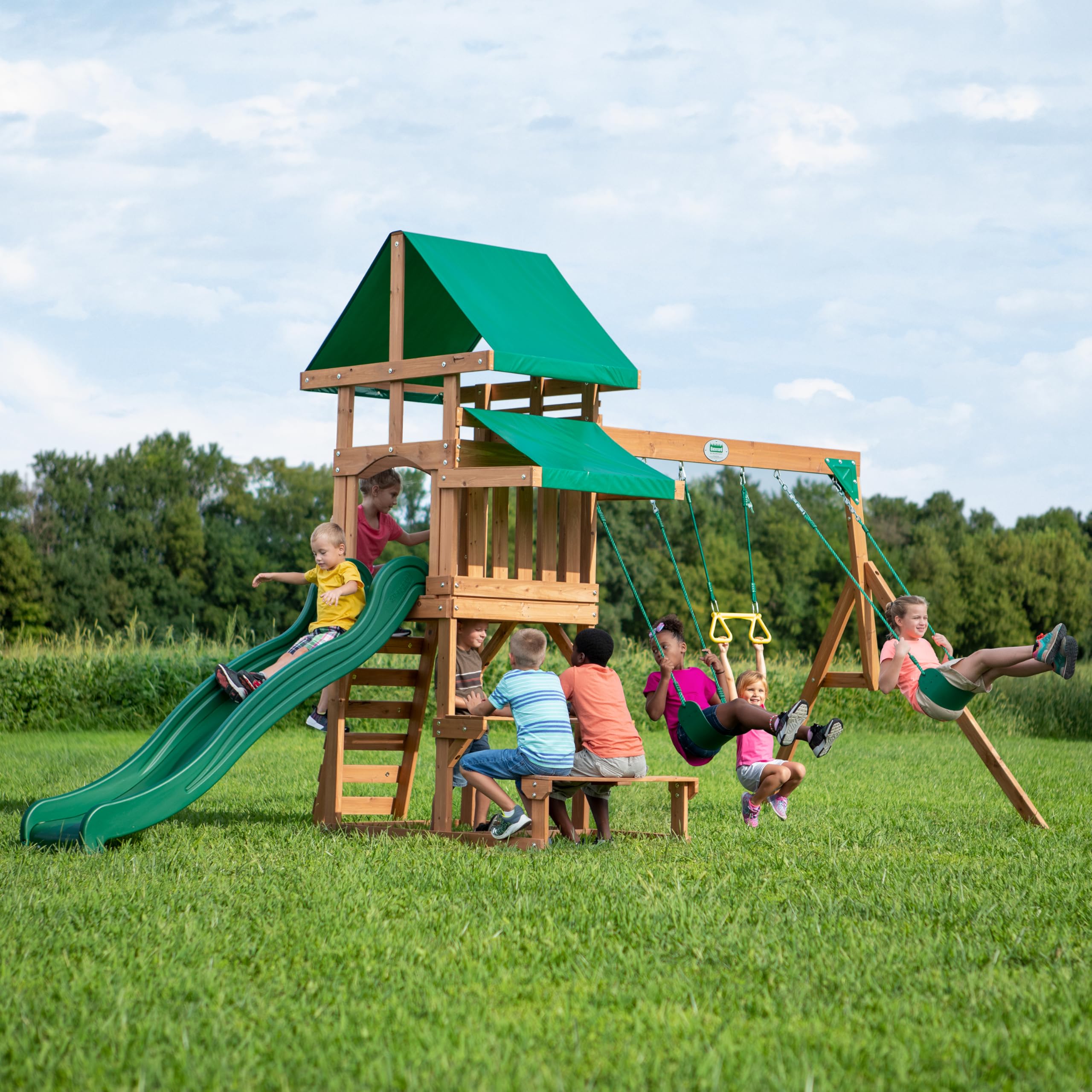 Belmont Cedar Wood Swing Set with Wave Slide, Play Decknic Area