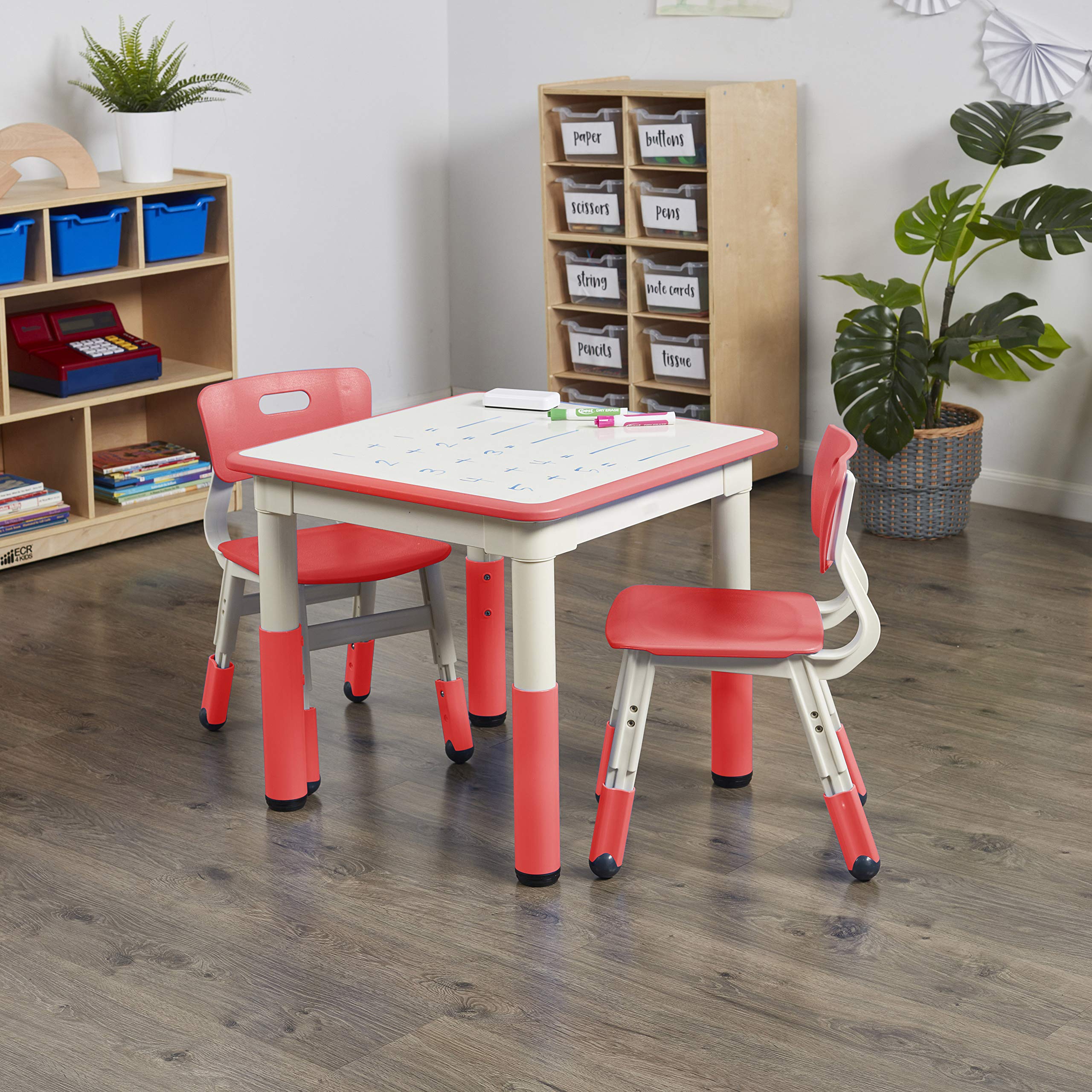 Dry-Erase Square Activity Table with 2 Chairs, Adjustable, Kids Furniture, Red, 1