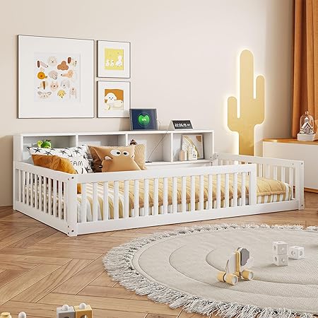 Twin Floor Bed with Storage and Safety Rails for Kids