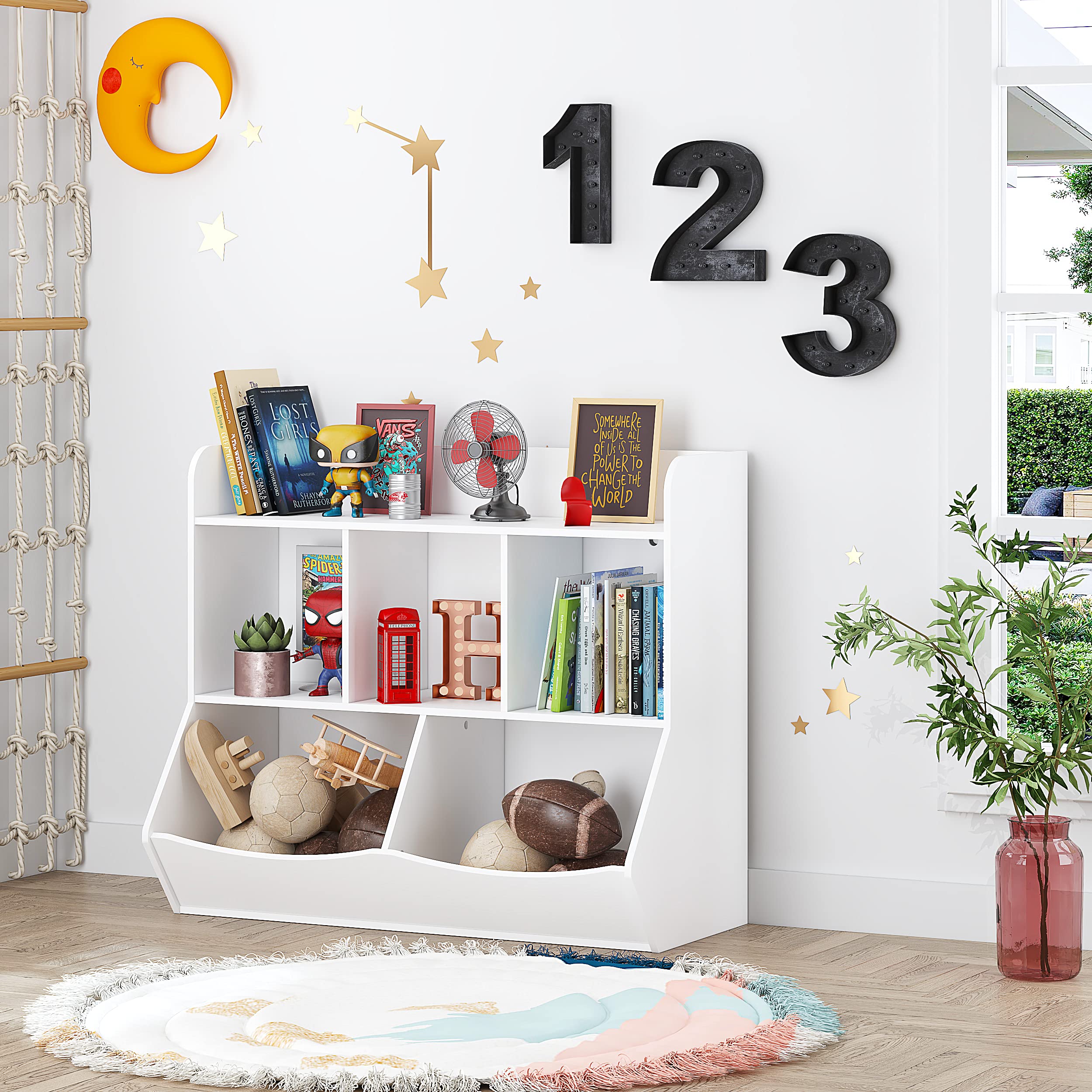 Toy Storage Organizer with Bookcase, Kid’s Multi Shelf Cubby for Books