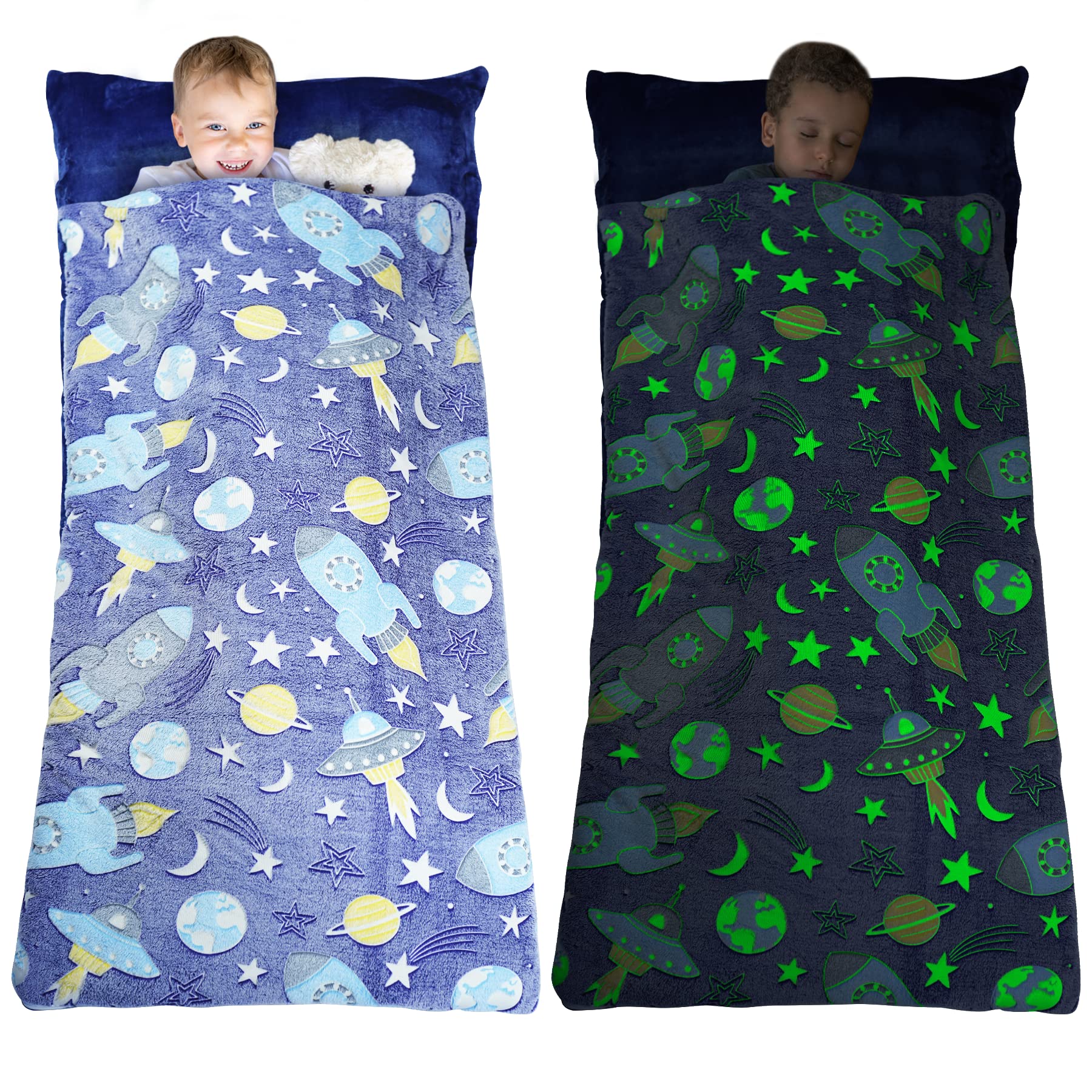 Glow in The Dark Slumber Bag for Kids, Toddler Nap Mat with Pillow