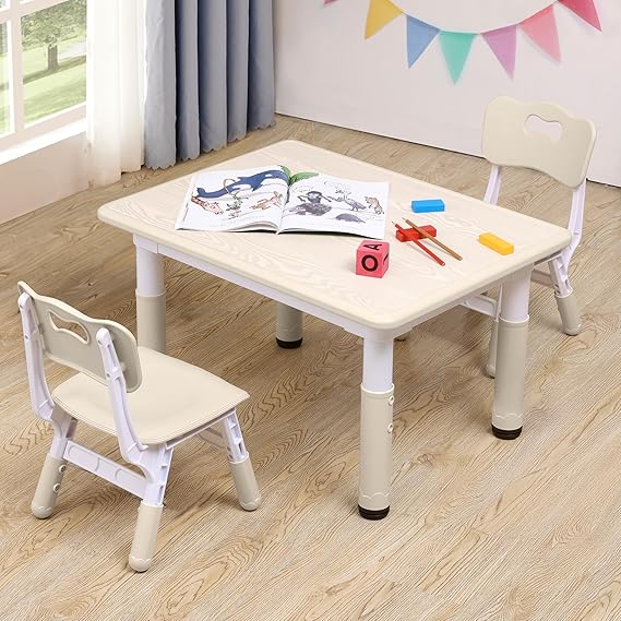 Kids Table & Chairs Set (2 Chairs) Height Adjustable for Ages 2-8 | Non-Slip Toddler