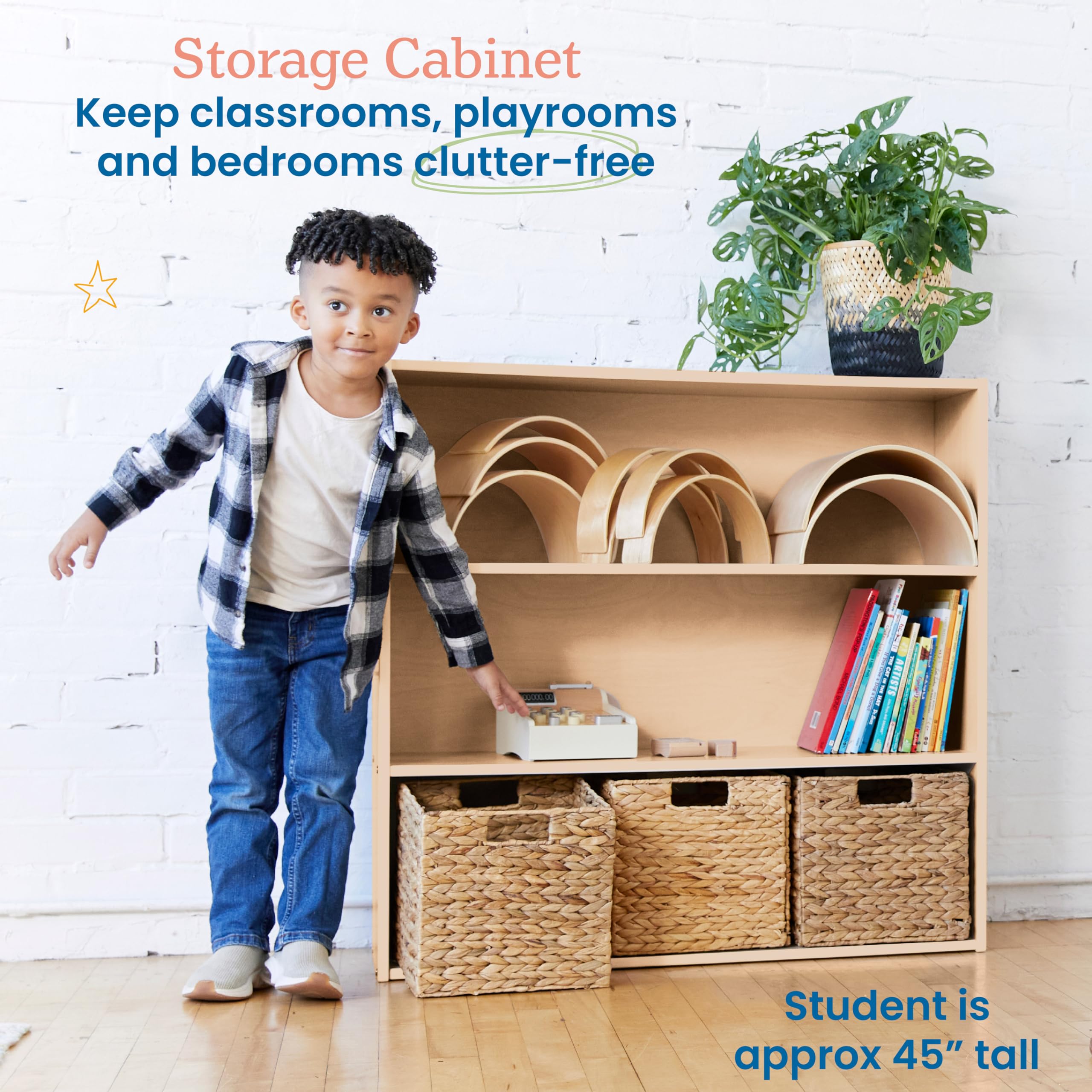 3-Shelf Storage Cabinet for Kids - Natural Wood Bookshelf Organizer