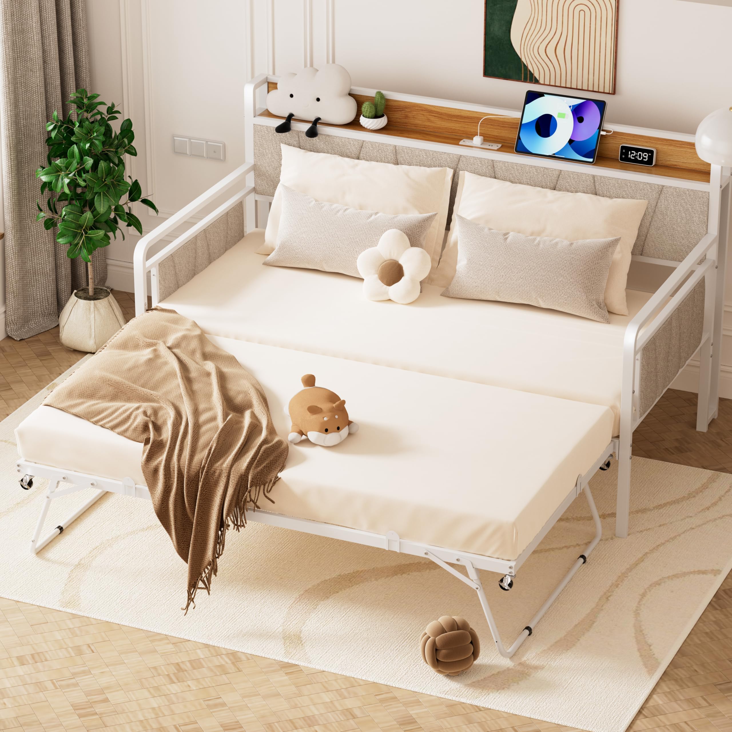 Twin Daybed with Trundle, Modern Twin Size Sofa Day Bed