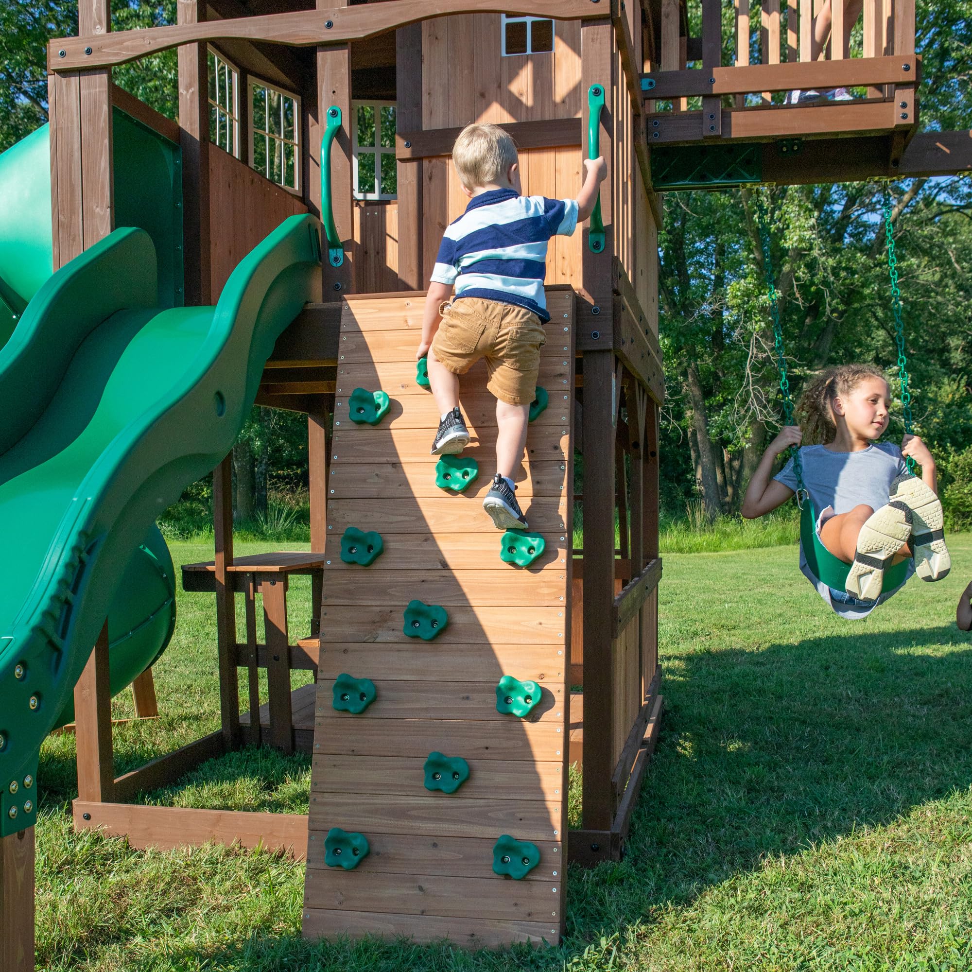 All Cedar Swing Set with Elevated Clubhouse and Dual Slides