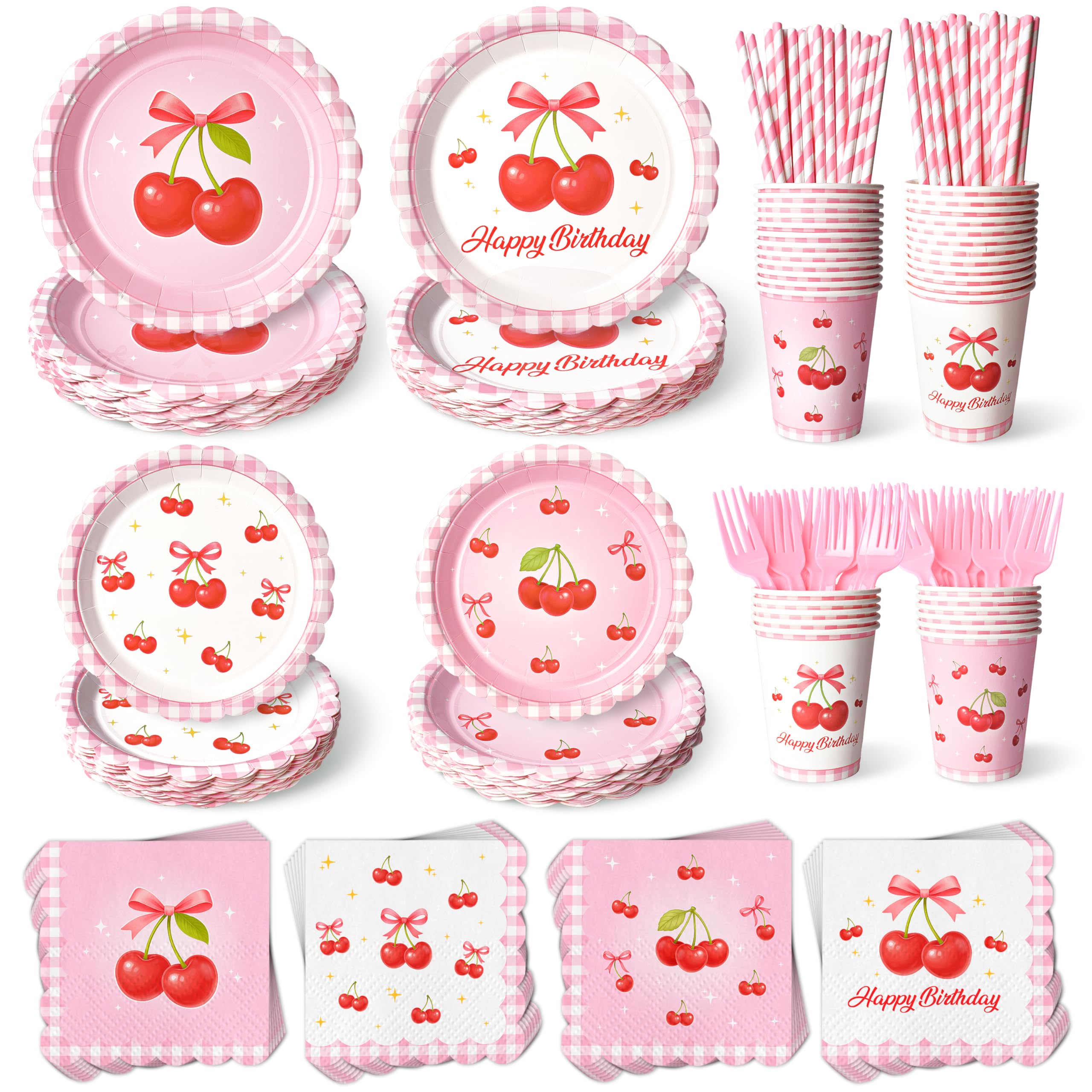 300 Pcs Cherry Plates and Napkins Tableware Set (Serves 50)