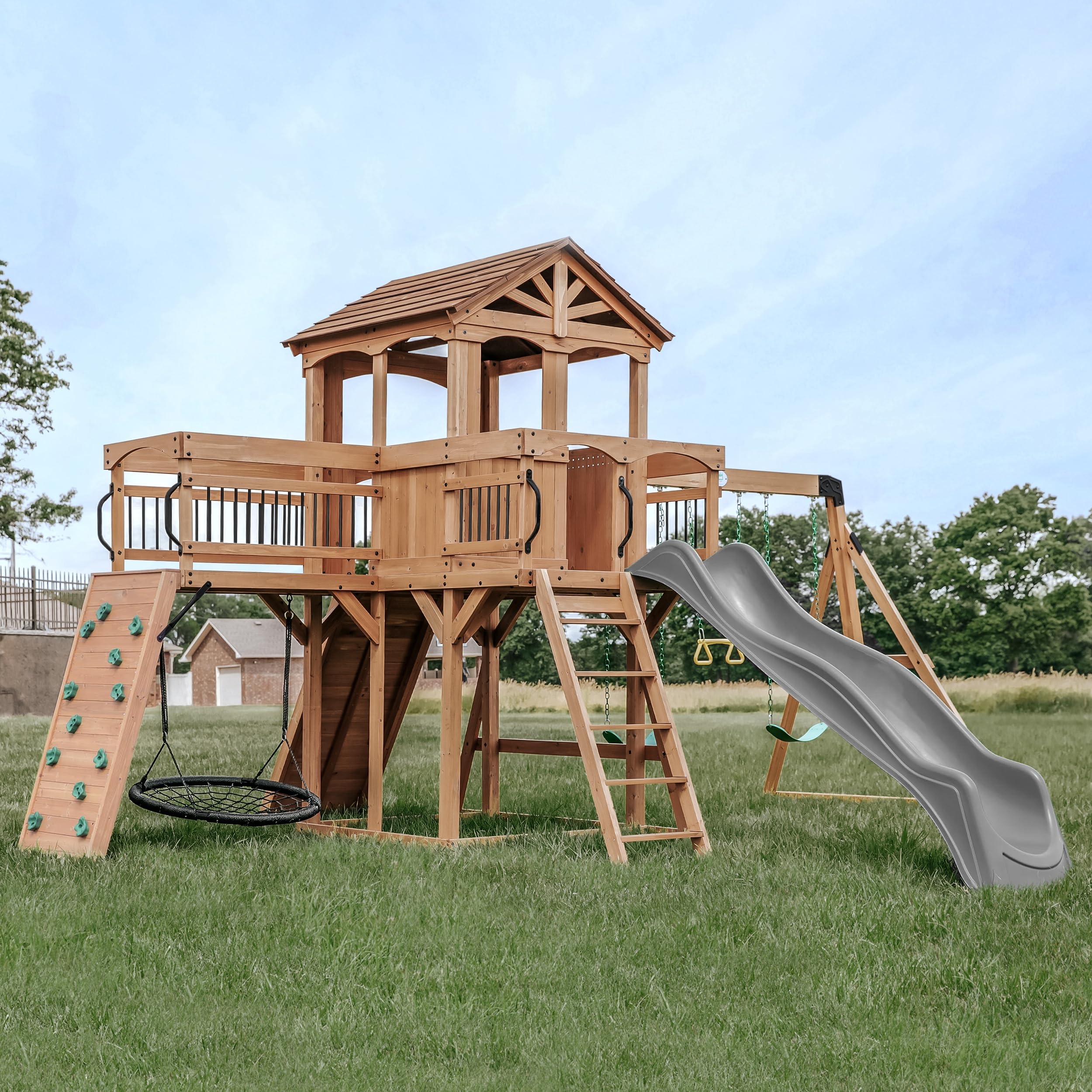 Sterling Point Cedar Wood Swing Set with Wave Slideing, Trapeze, Balcony, Climbing Wall, Ladder, Outdoor Playset