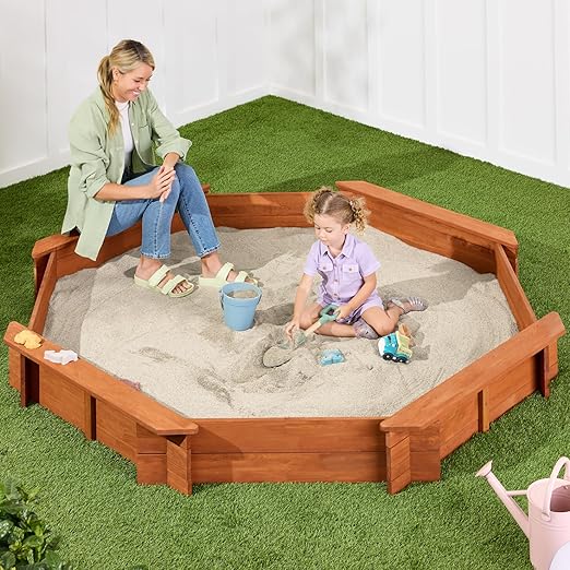 Kid's Large Octagonal Wooden Outdoor Sandbox with Cover w/ 4 Reinforced Benches