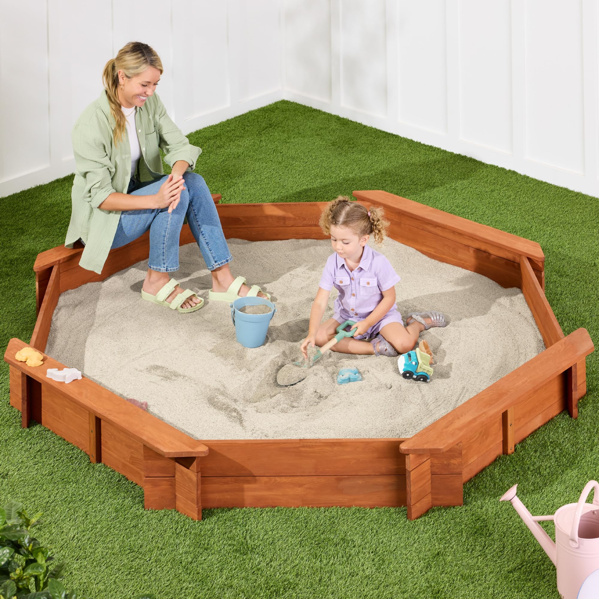 Kid's Large Octagonal Wooden Outdoor Sandbox with Cover w/ 4 Reinforced Benches