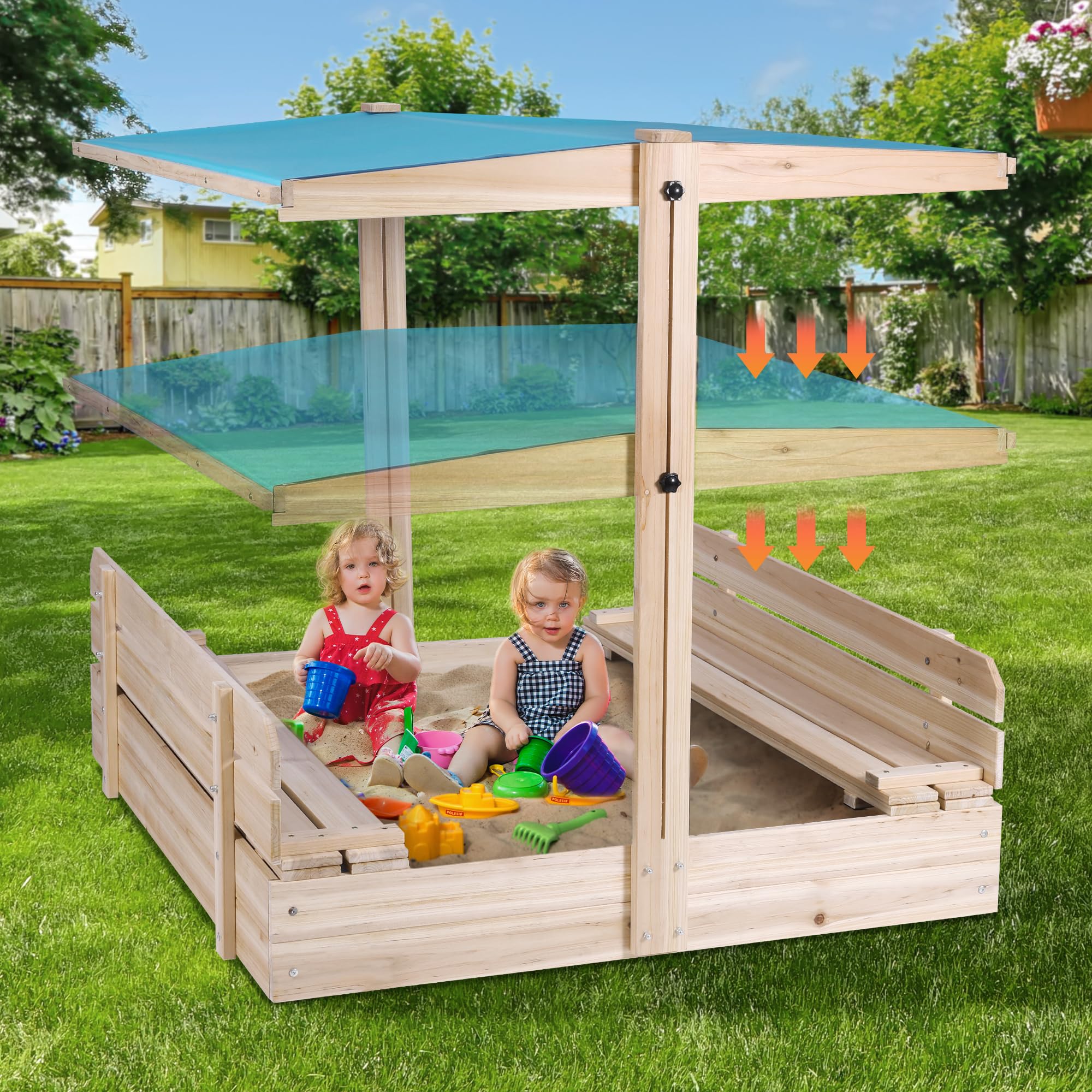 Sandbox with Lid and Cover for Kids Ages 3-8, Wooden Cabana Sand Box with Canopy