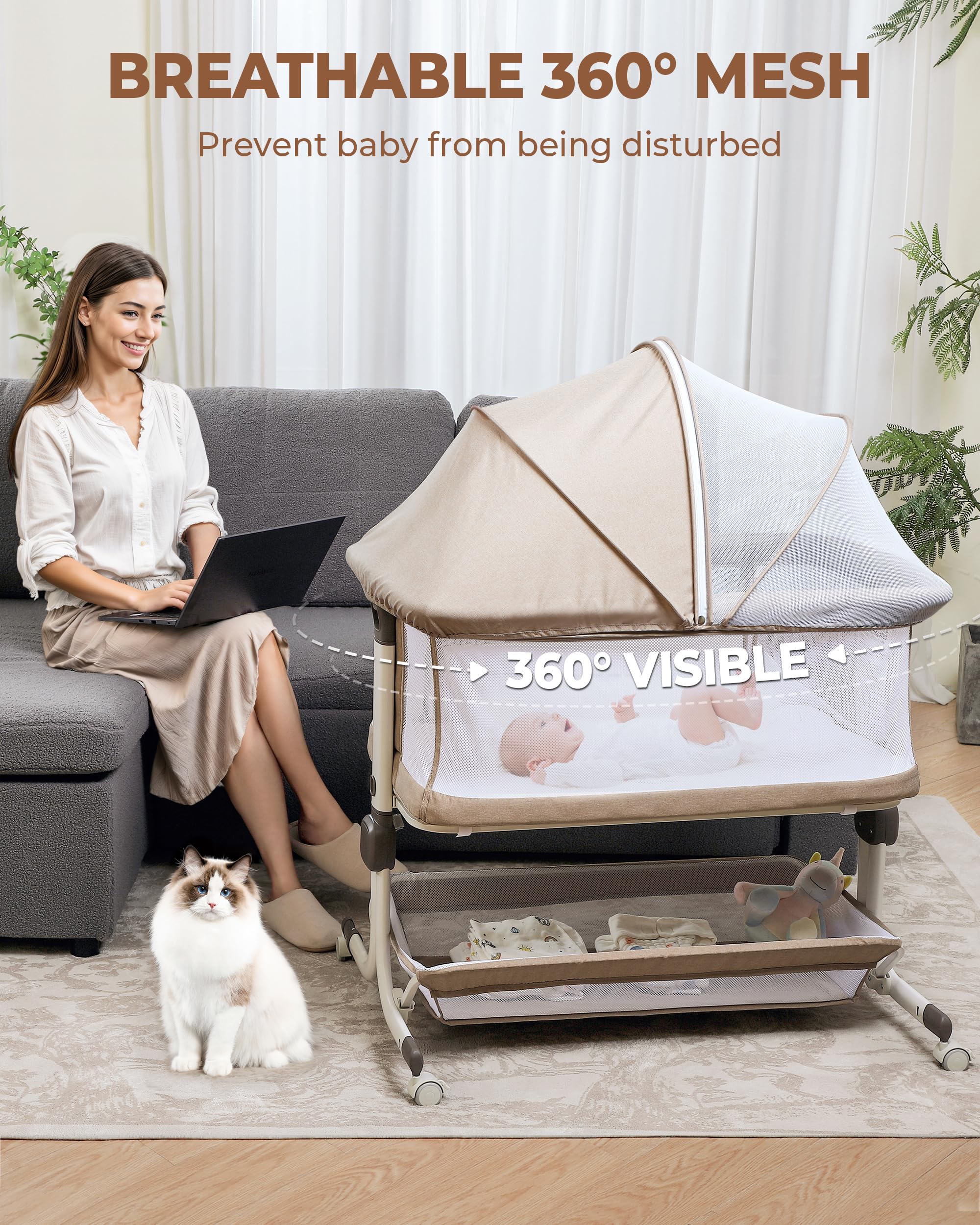 Bedside Bassinet with Mesh Sides and Height Adjustment