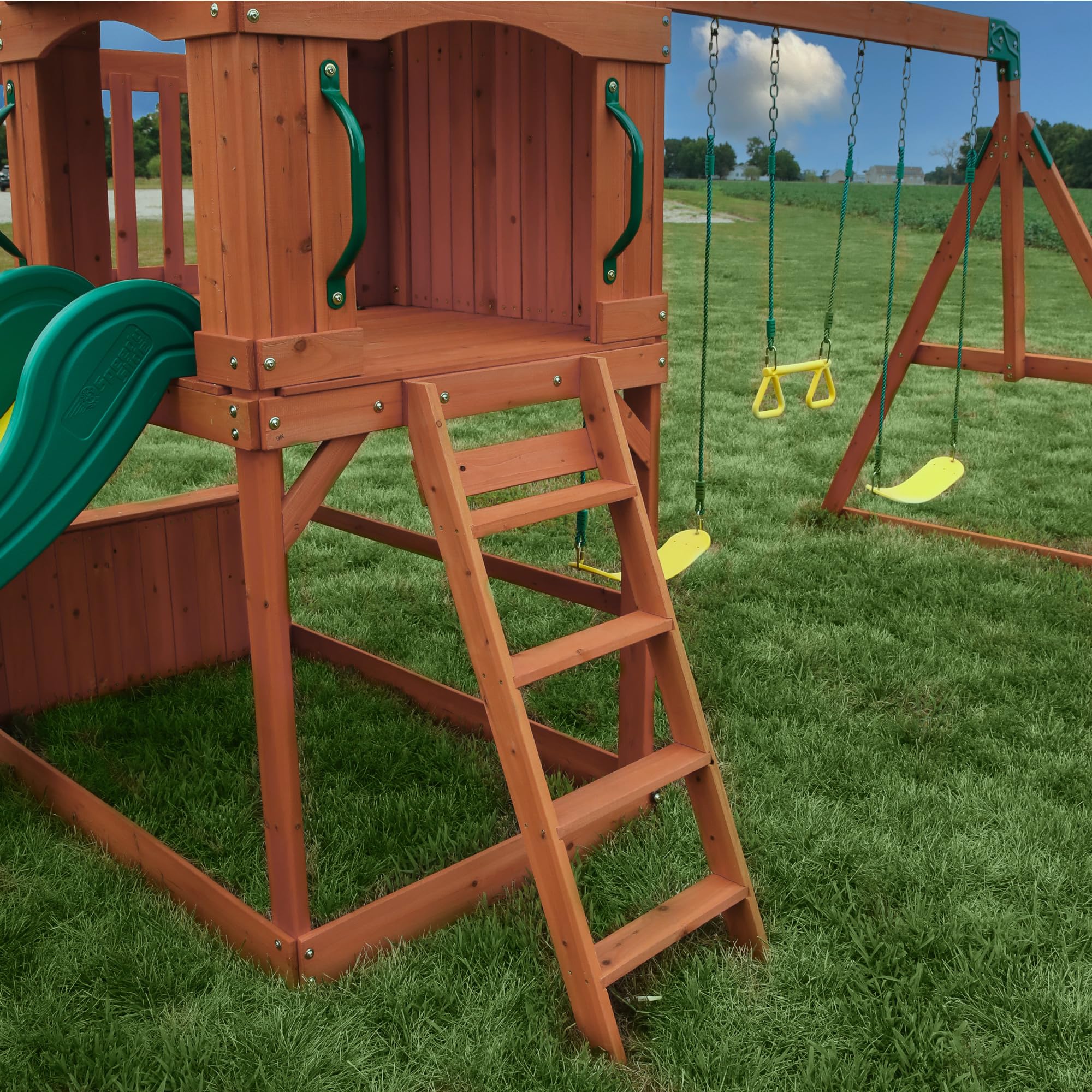 Cedar Wood Swing Set Outdoor Playset Clubhouse Wave Slide Rock Wall Trapeze