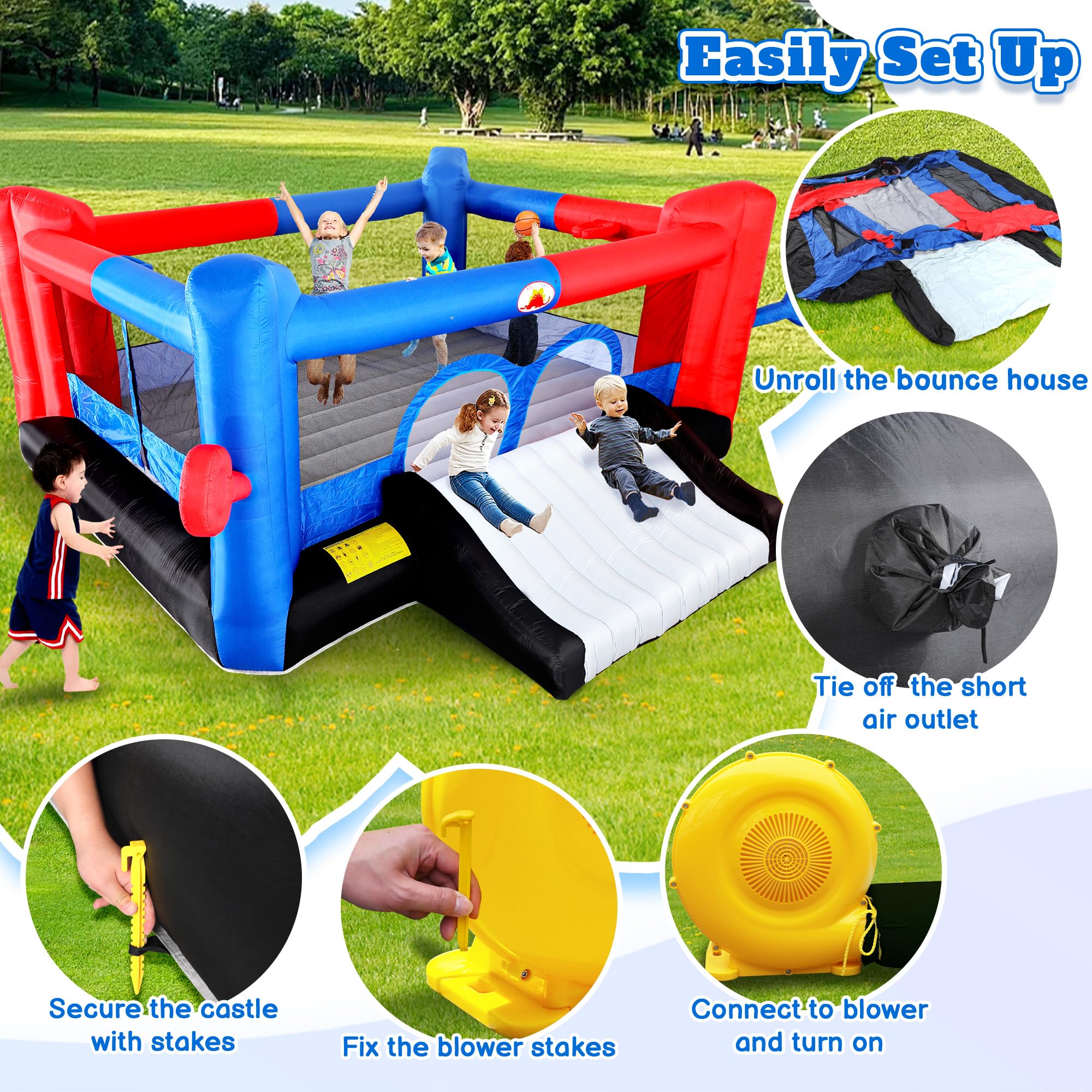 Inflatable Bounce House with Dual Slides and Basketball Hoops