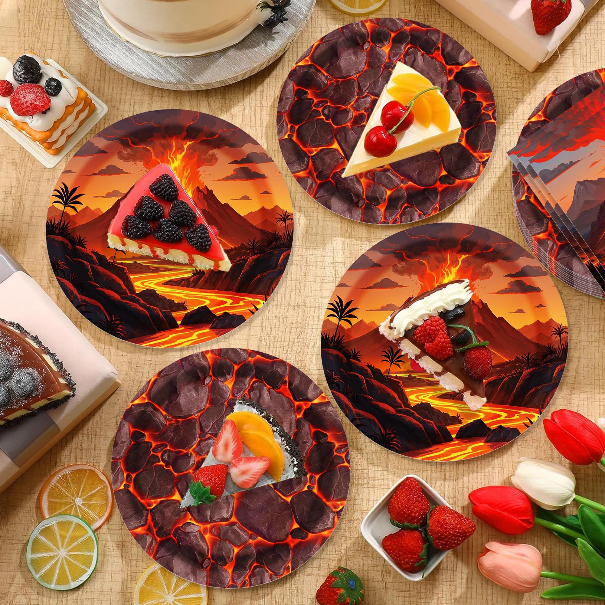 Volcano Birthday Paper Plates Napkins Fire Flame Disposable Tableware Set Party Supplies