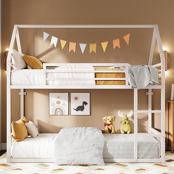 Bunk Bed Twin Over Twin, House Bunk Bed Frame with Ladder and Guardrail