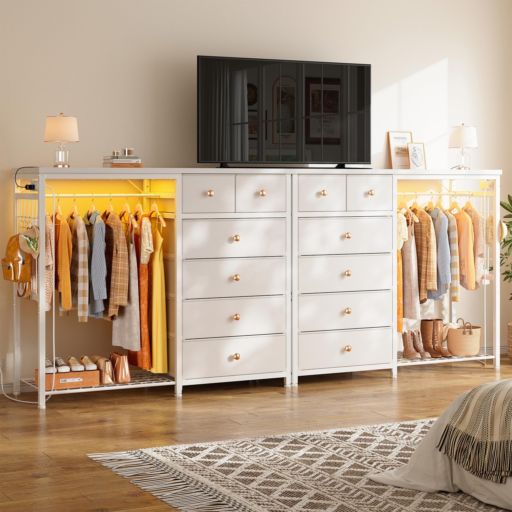 Dresser with Hanging Rack LED Lights Charging Station