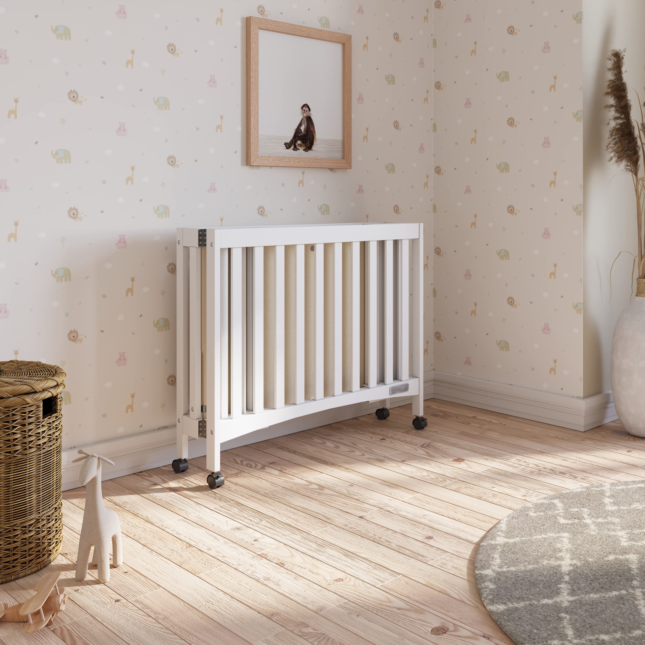Mini Compact Folding Portable Crib with 2” Crib Mattress and 2 Easy Roll
