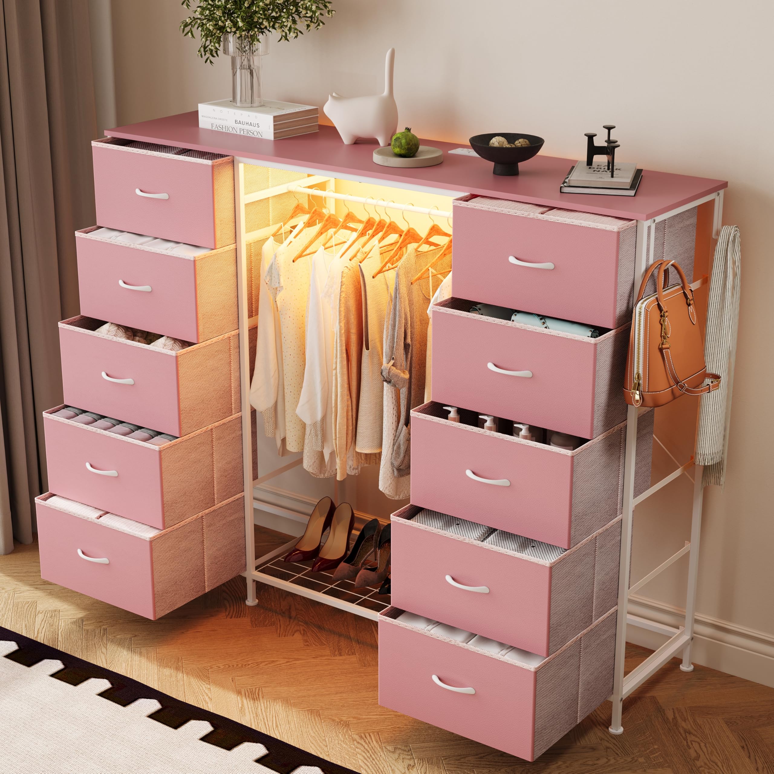 2-in-1 Dresser with Hanging Rack, 10 Drawers Dresser for Bedroom