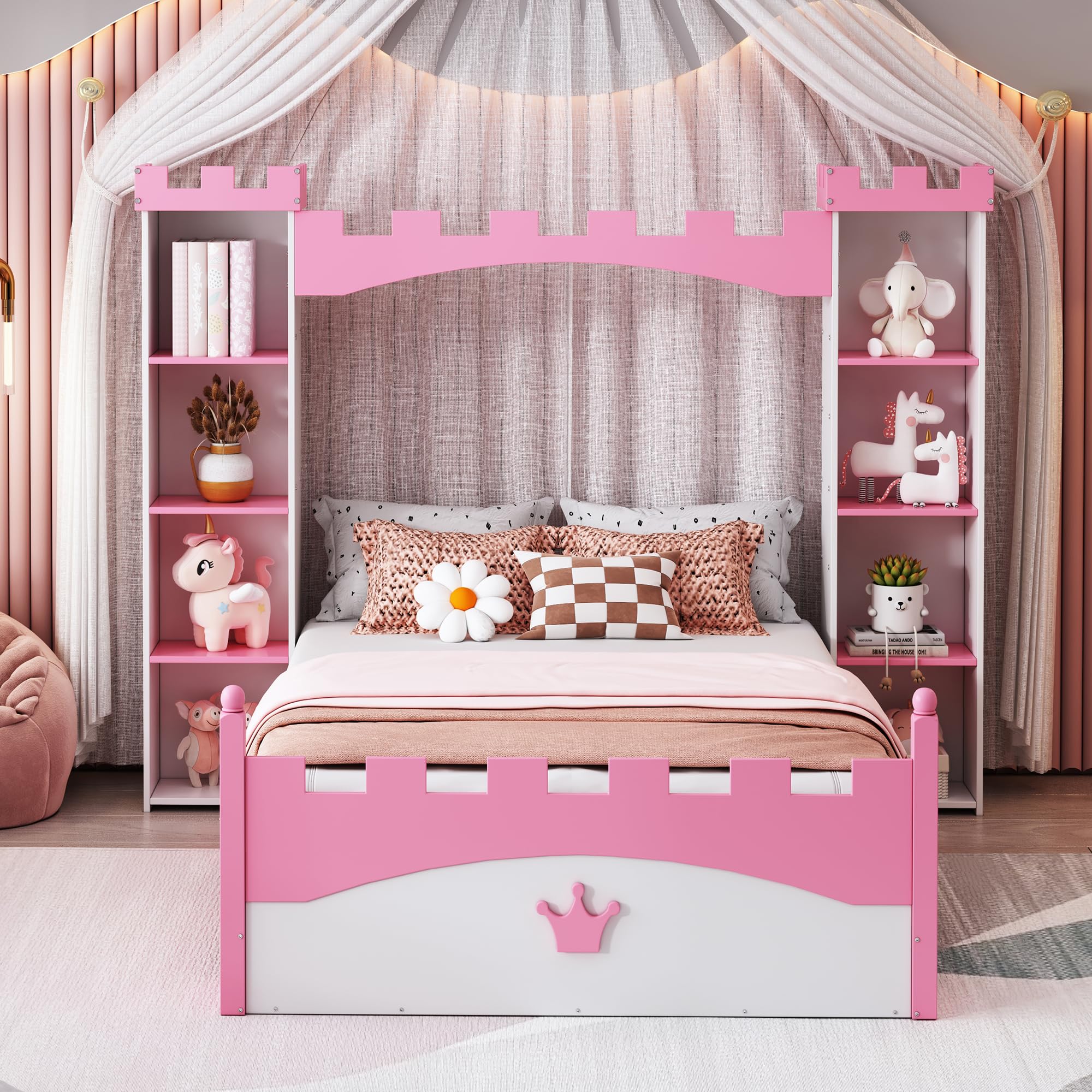 Castle-Shaped Wooden Bed Frame for Boys Girls Kids Adults Toddler with Storage Shelf