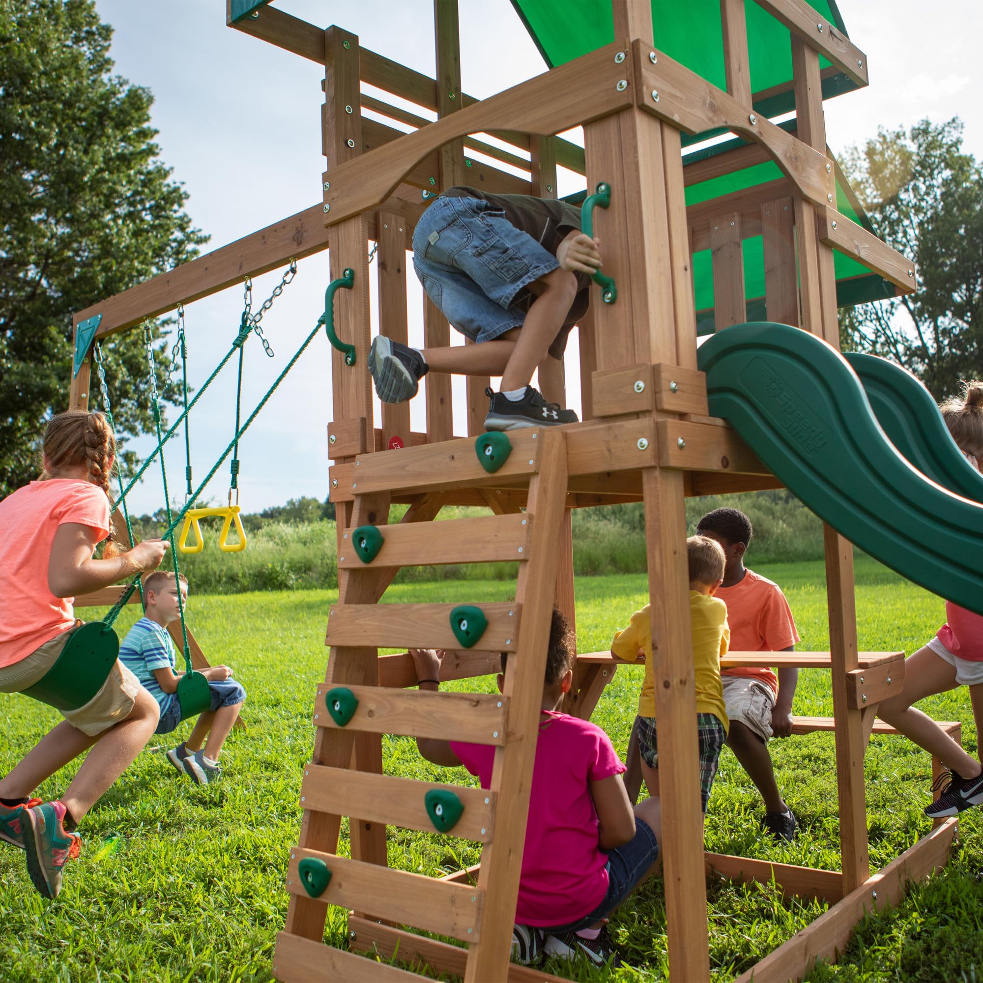 Cedar Wood Swing Set with Wave Slide and Rock Wall