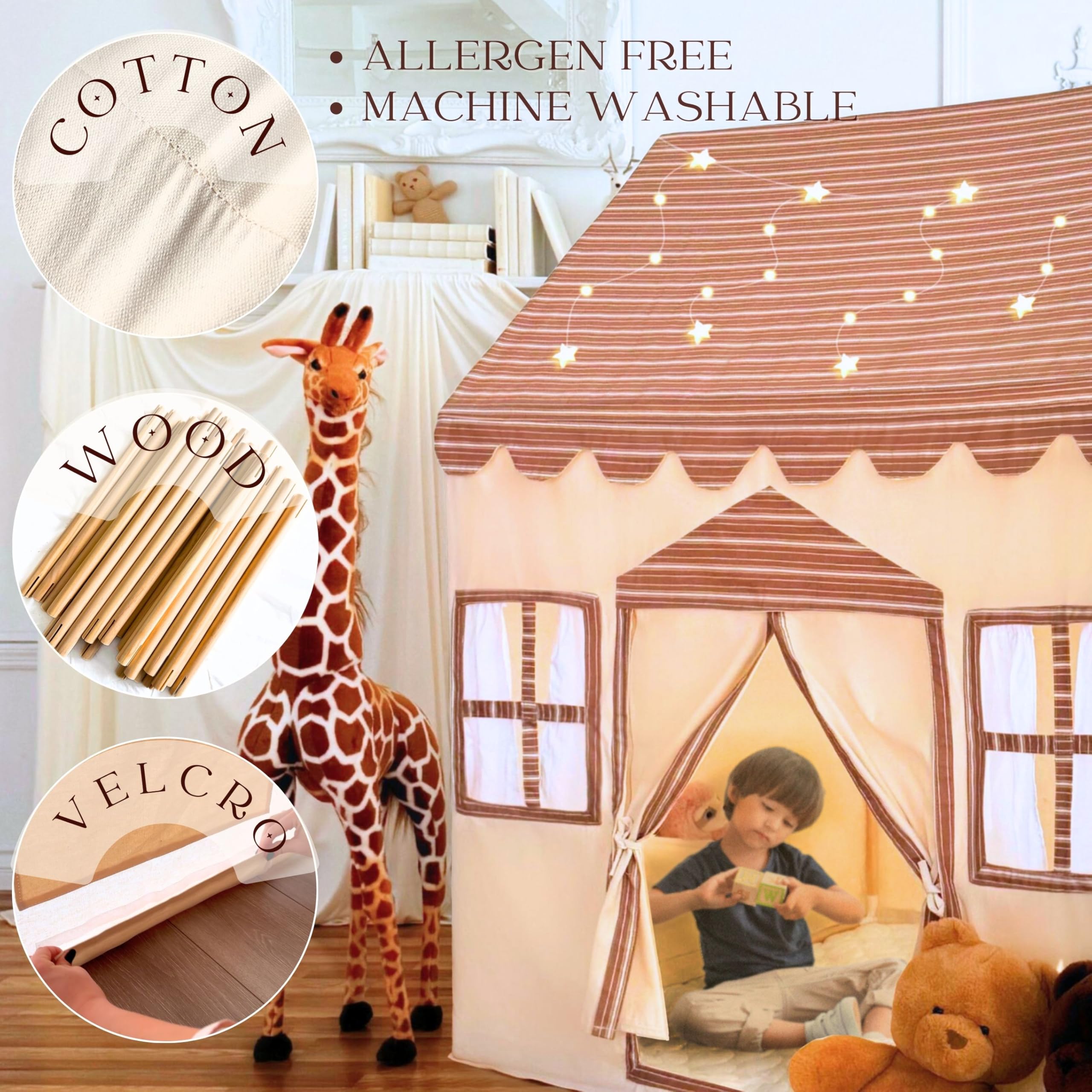 Large Cotton Kids Playhouse Tent with LED Lights